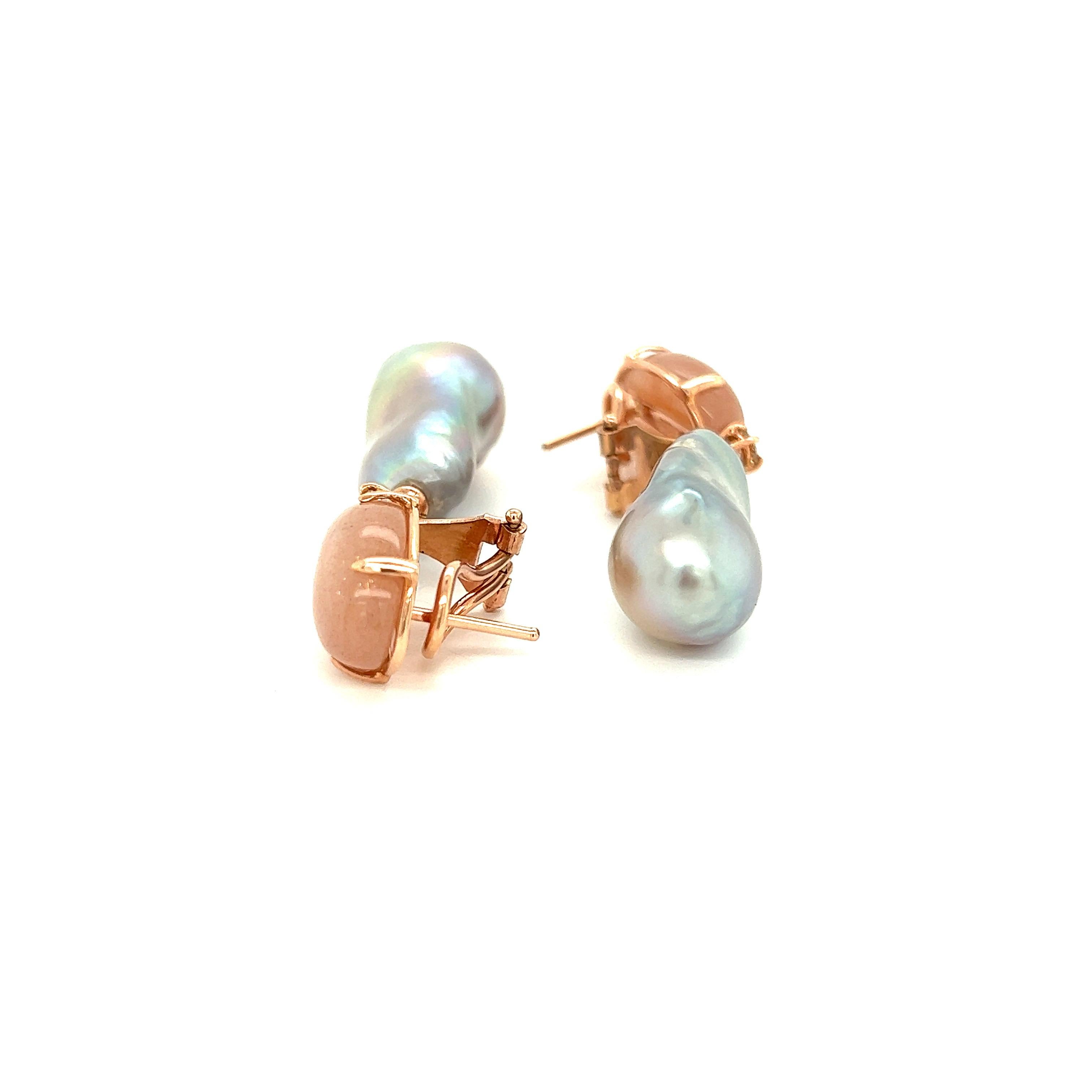 Women's Chandelier Earrings Moonstone Baroque Beads Diamonds Rose Gold 18 Karat