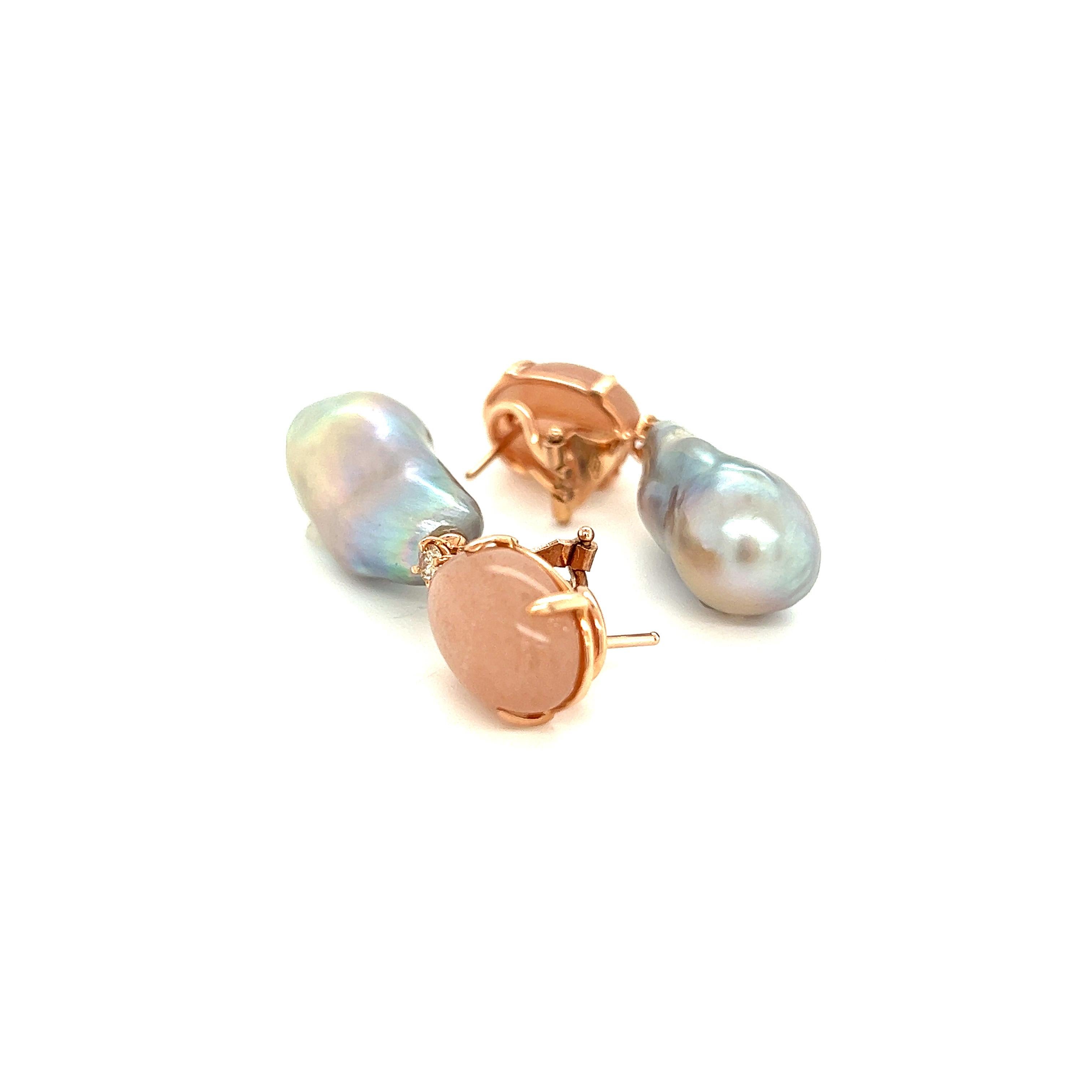 Chandelier Earrings Moonstone Baroque Beads Diamonds Rose Gold 18 Karat 1