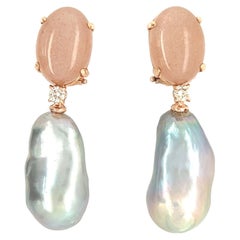 Chandelier Earrings Moonstone Baroque Beads Diamonds Rose Gold 18 Karat