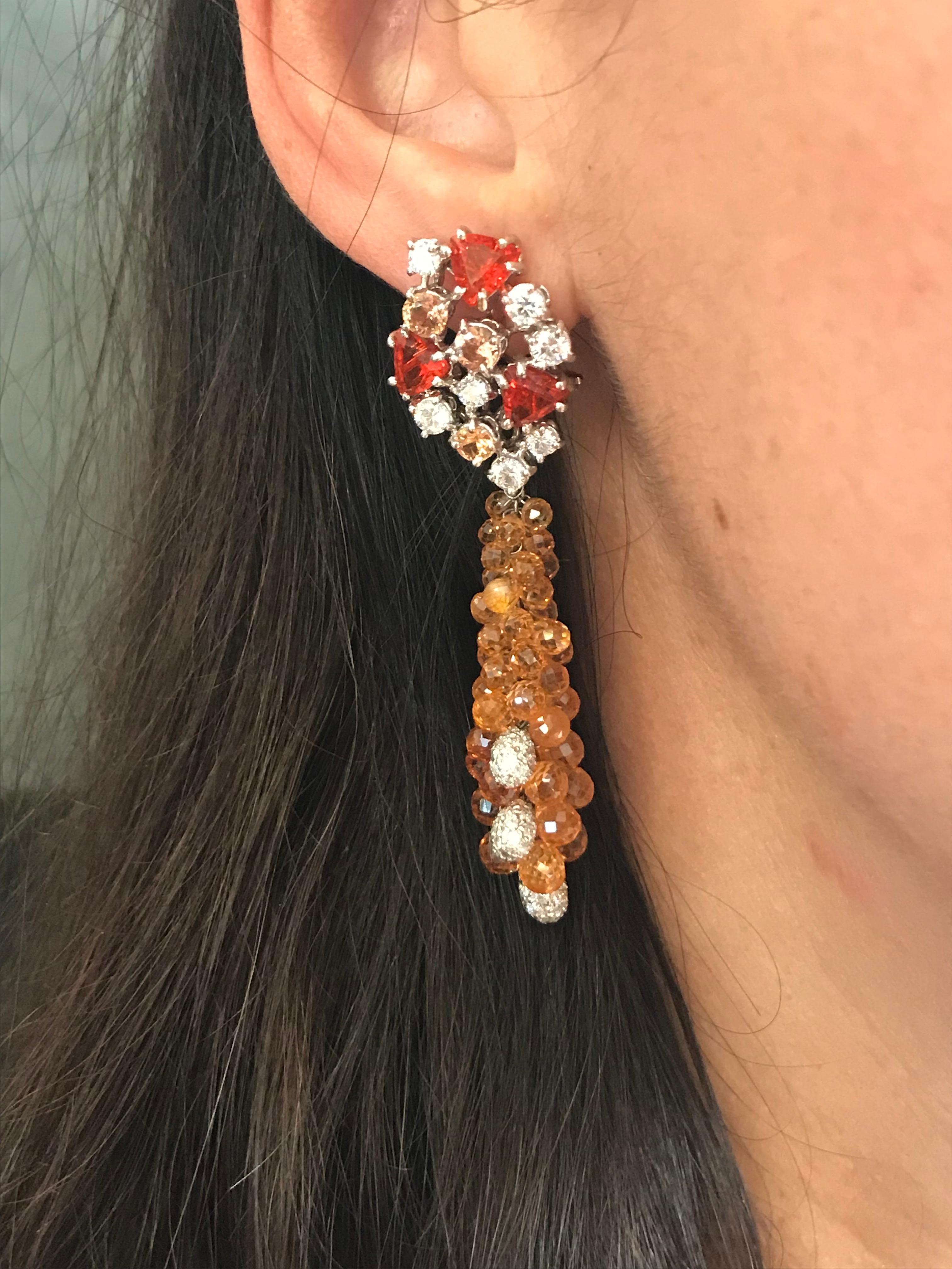 Contemporary Chandelier Earrings Orange Fire Opal Sapphires and Diamonds For Sale