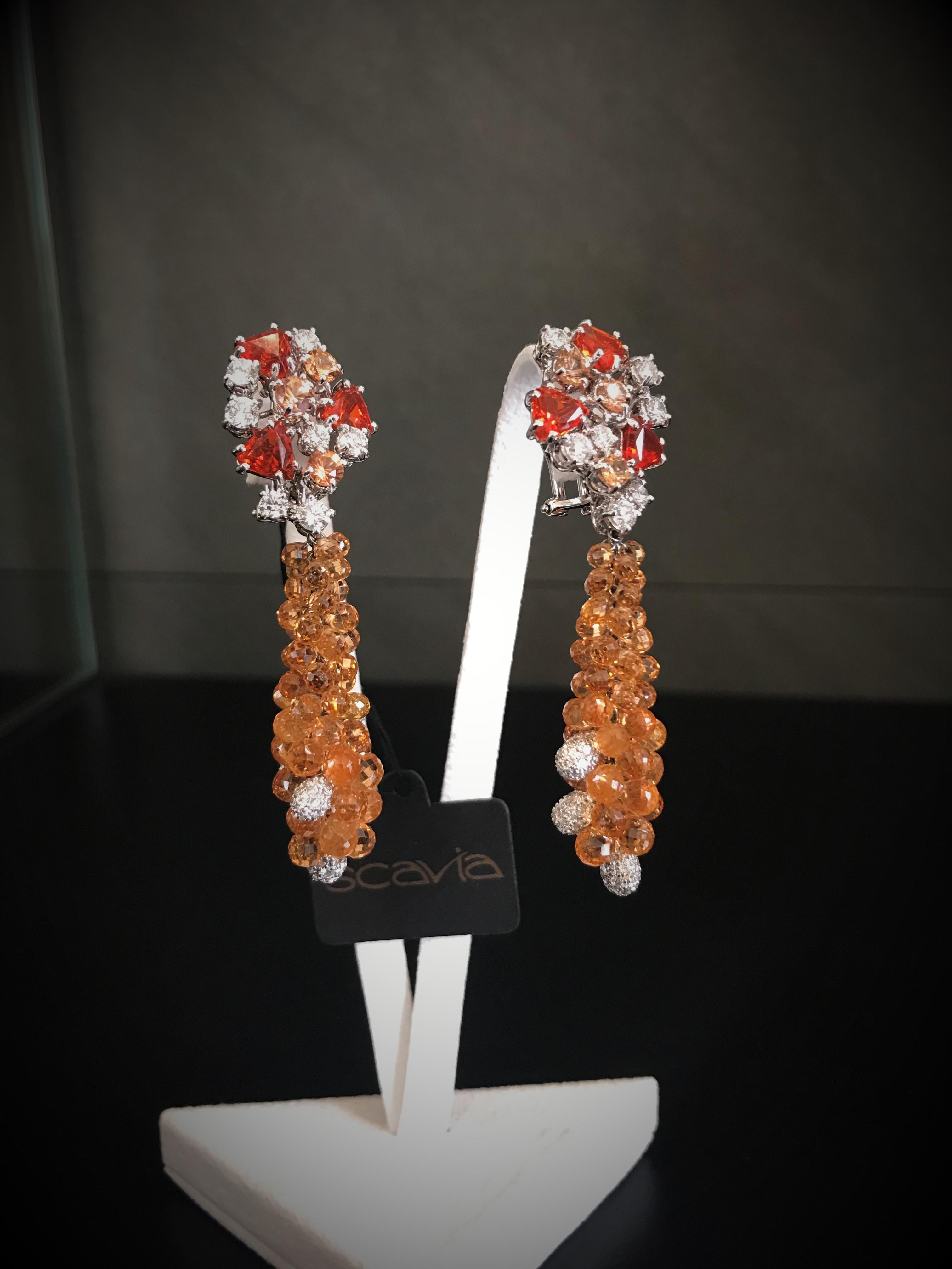 Round Cut Chandelier Earrings Orange Fire Opal Sapphires and Diamonds For Sale