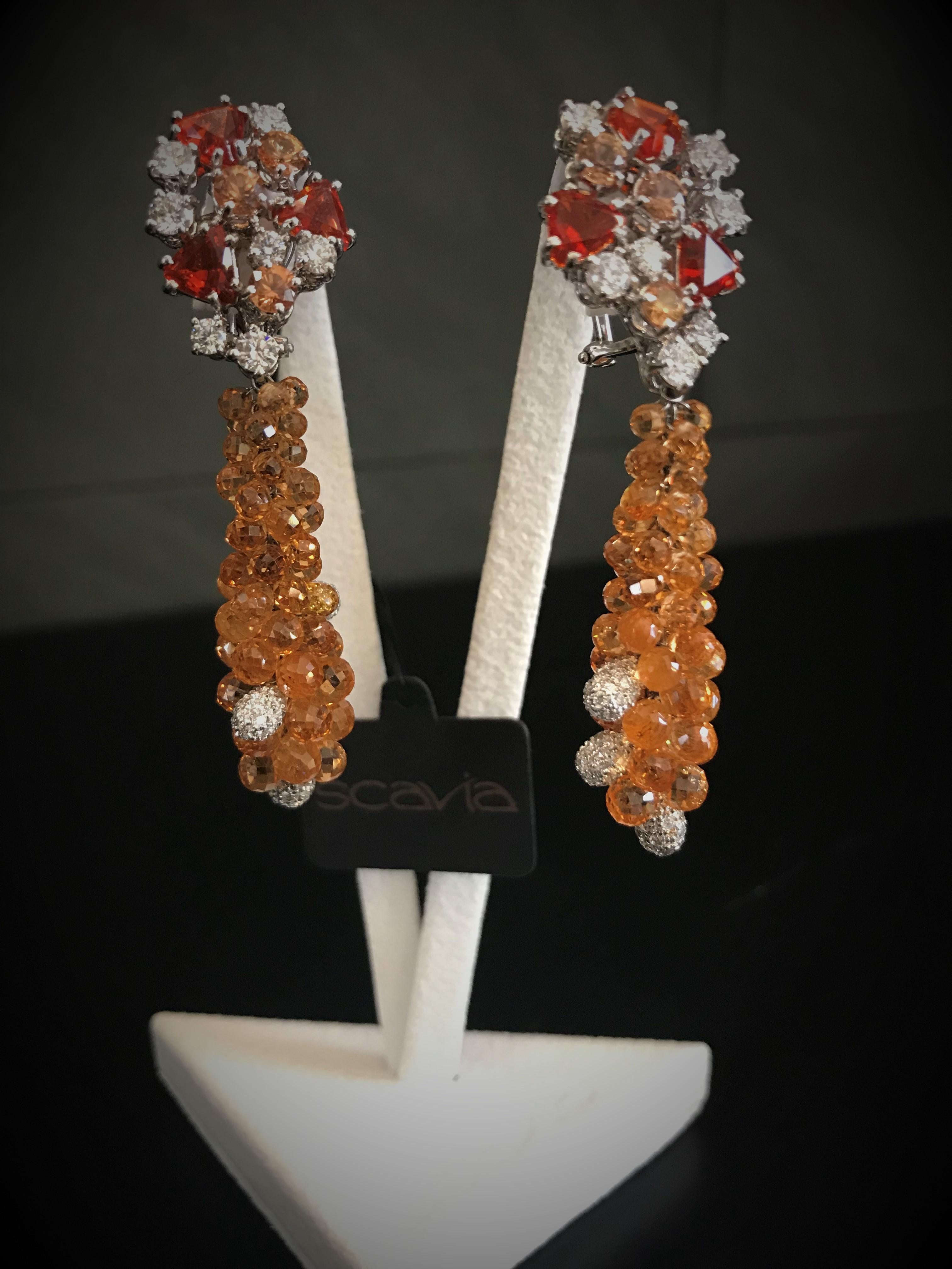 Chandelier Earrings Orange Fire Opal Sapphires and Diamonds In New Condition For Sale In Milan, IT