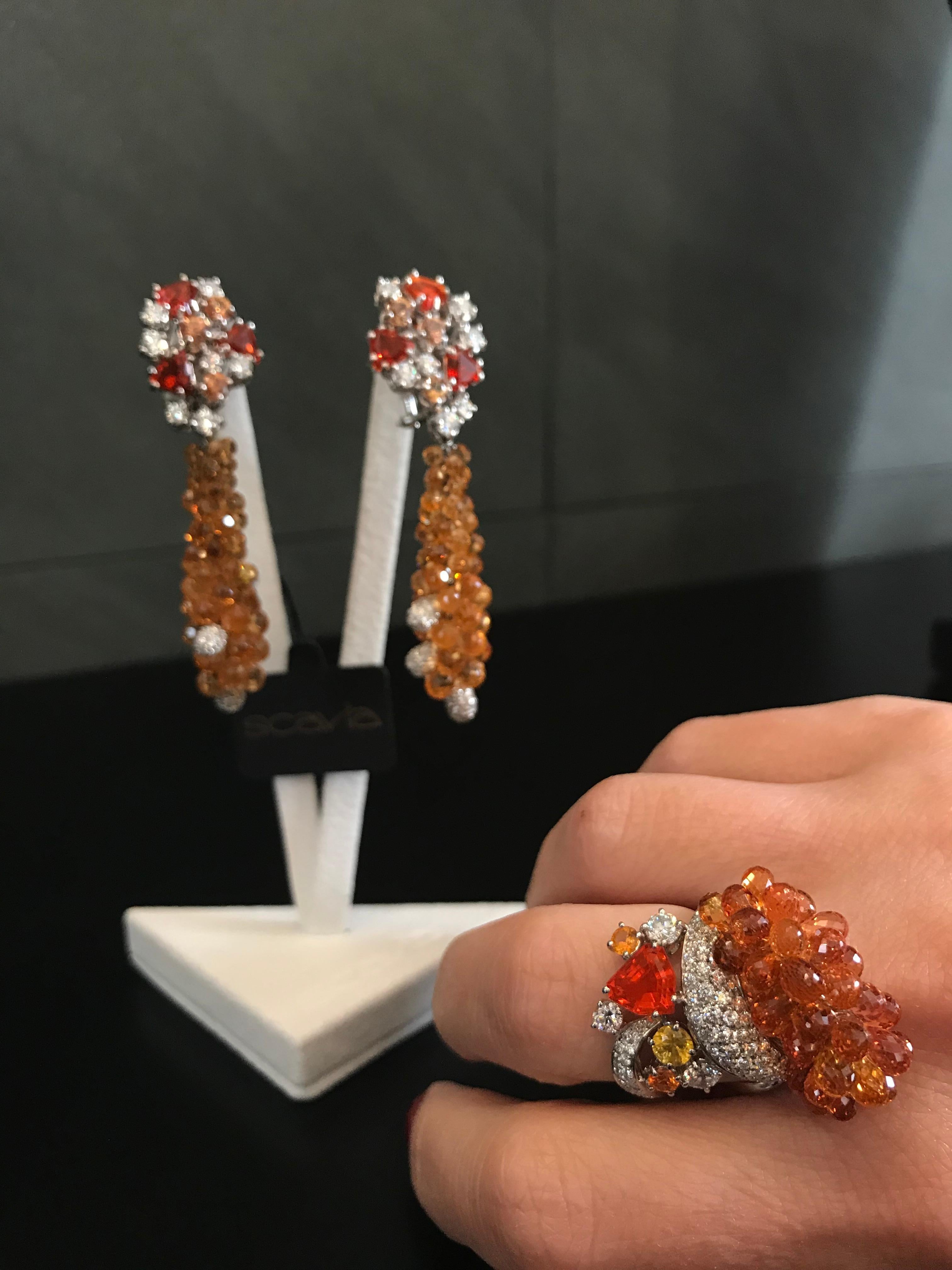 Women's Chandelier Earrings Orange Fire Opal Sapphires and Diamonds For Sale