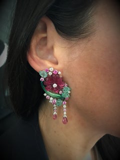 Chandelier Earrings Pink Rubelite Flowers Emerald Leaves Diamonds
