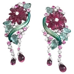Chandelier Earrings Pink Rubelite Flowers Emerald Leaves Diamonds