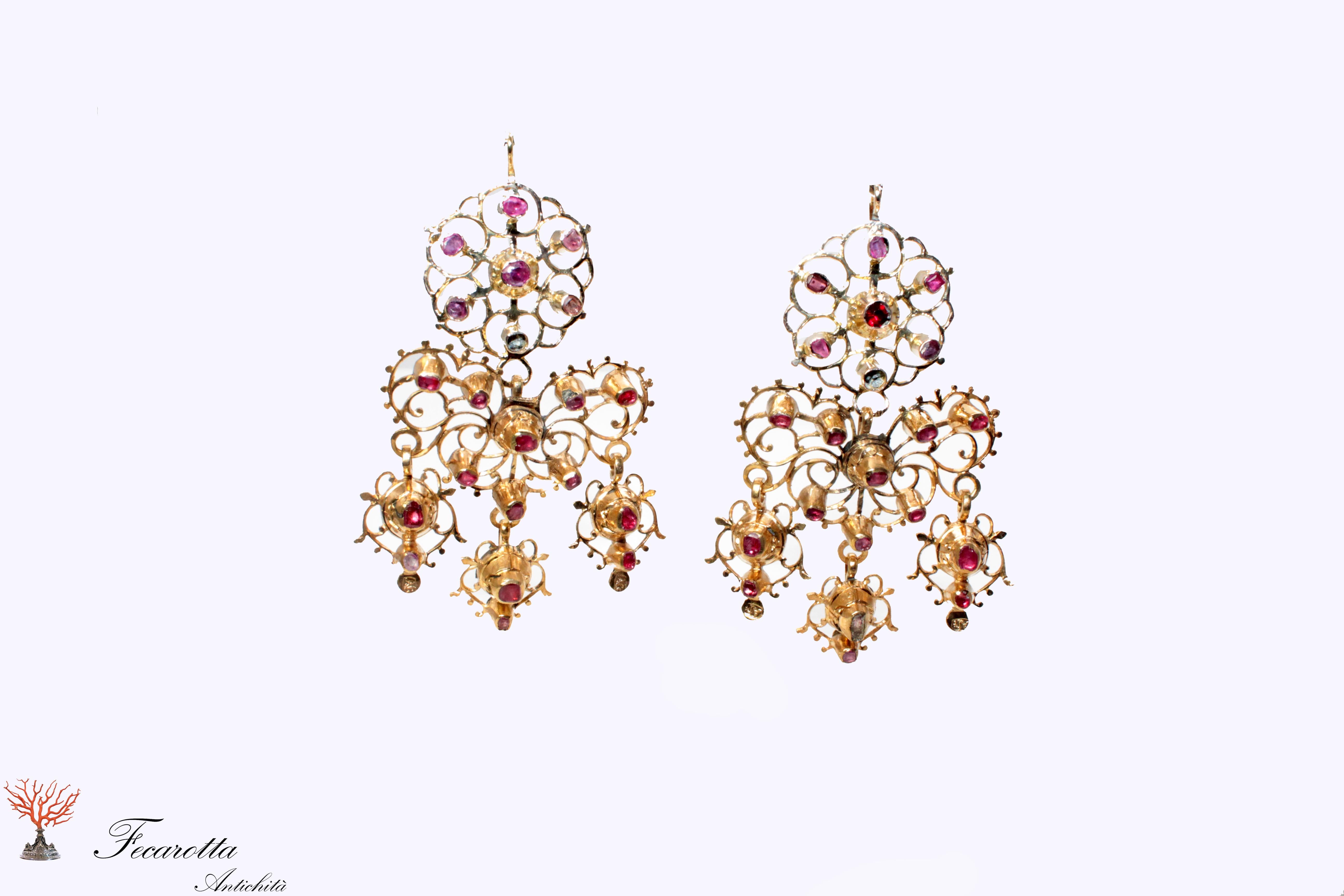 Sicilian earrings from the 18th century gold 14 kt ruby ​​.Marked with punches of small size on the bridge and on every part of the earrings.Object of a unique and extraordinary beauty and rarity, difficult to find in today's market, very rare