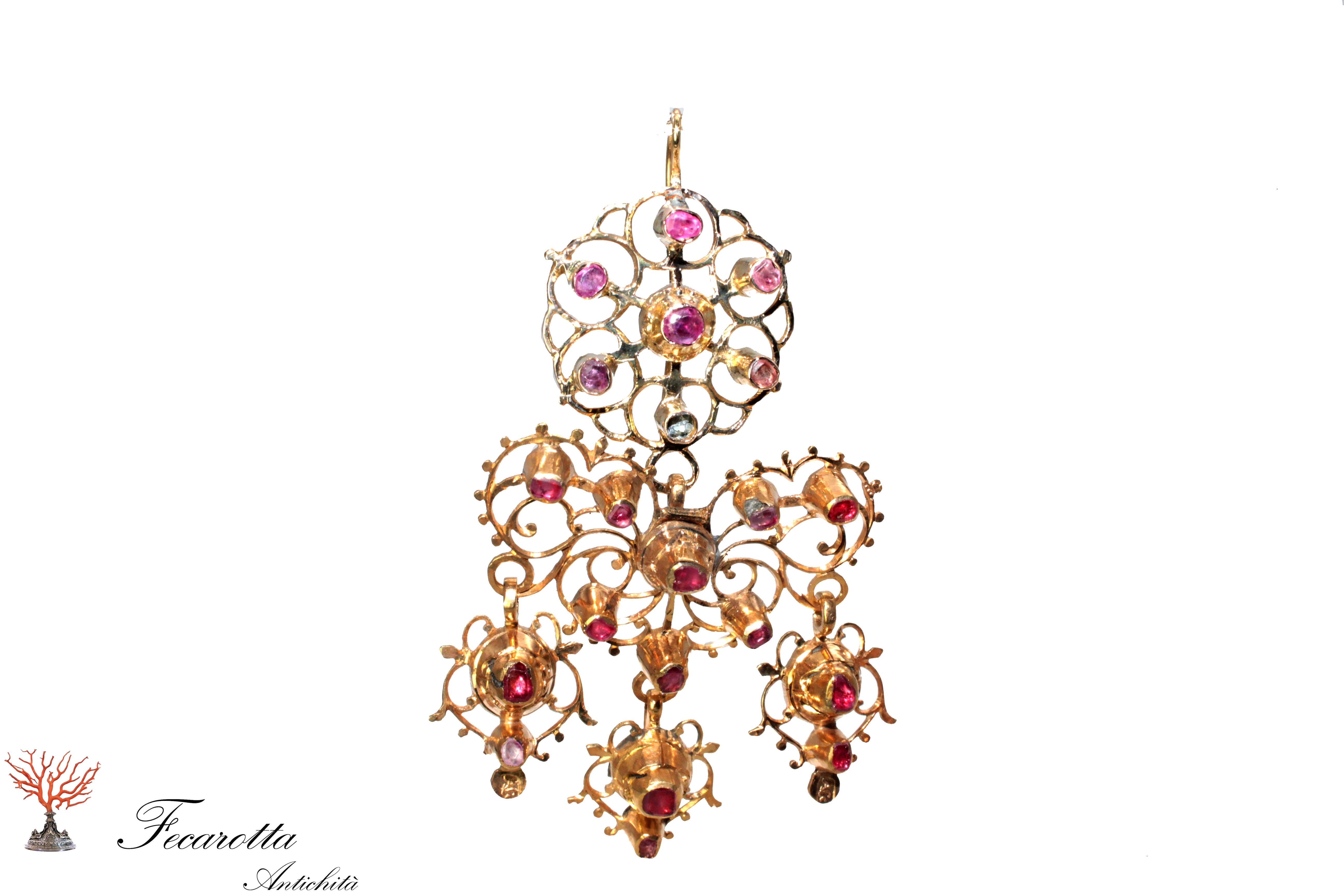 George III Chandelier Earrings Ruby and Gold 14 Karat, 18th Century For Sale