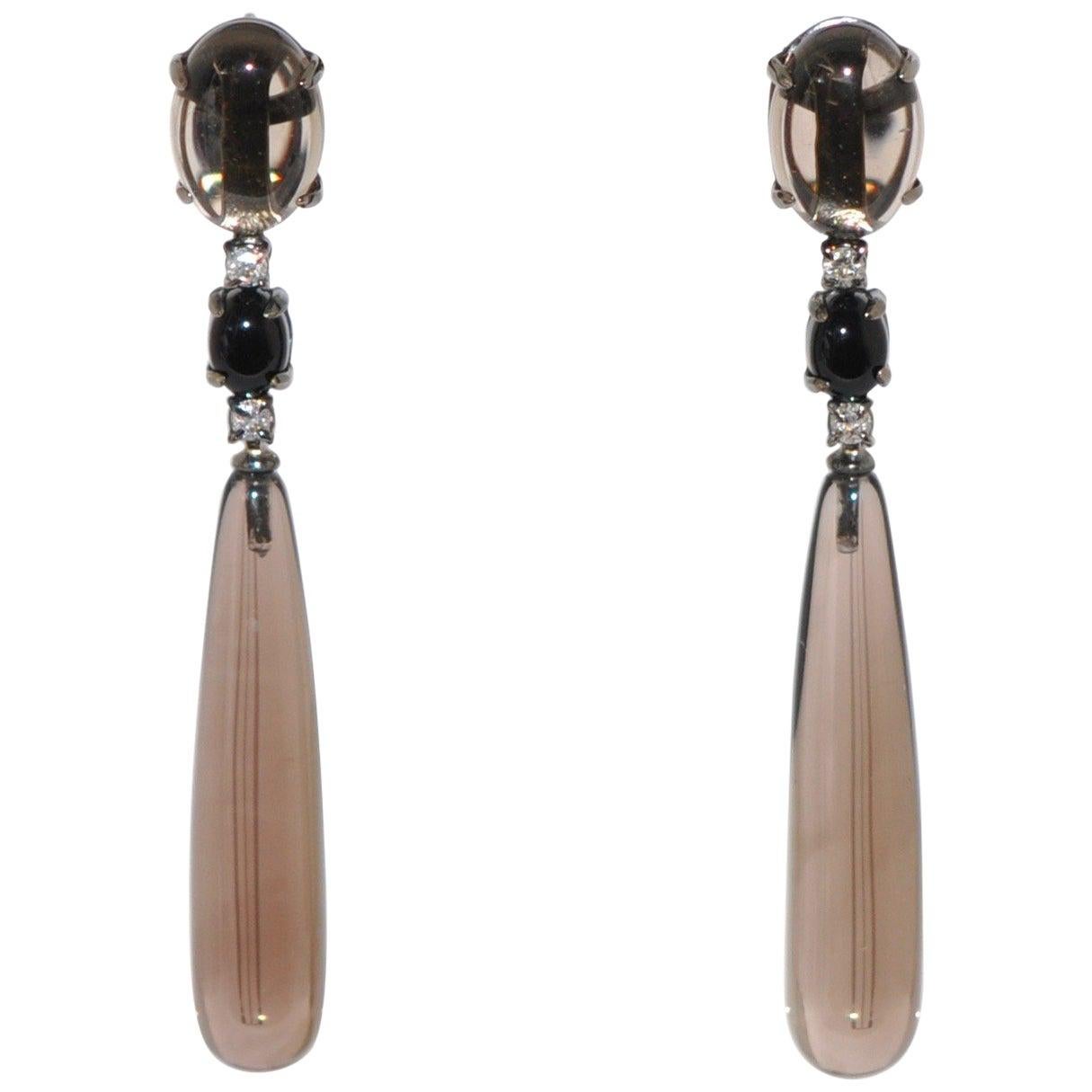 Chandelier Earrings Smoky Quartz Agate White Diamond Black Gold 18 Karat  For Sale