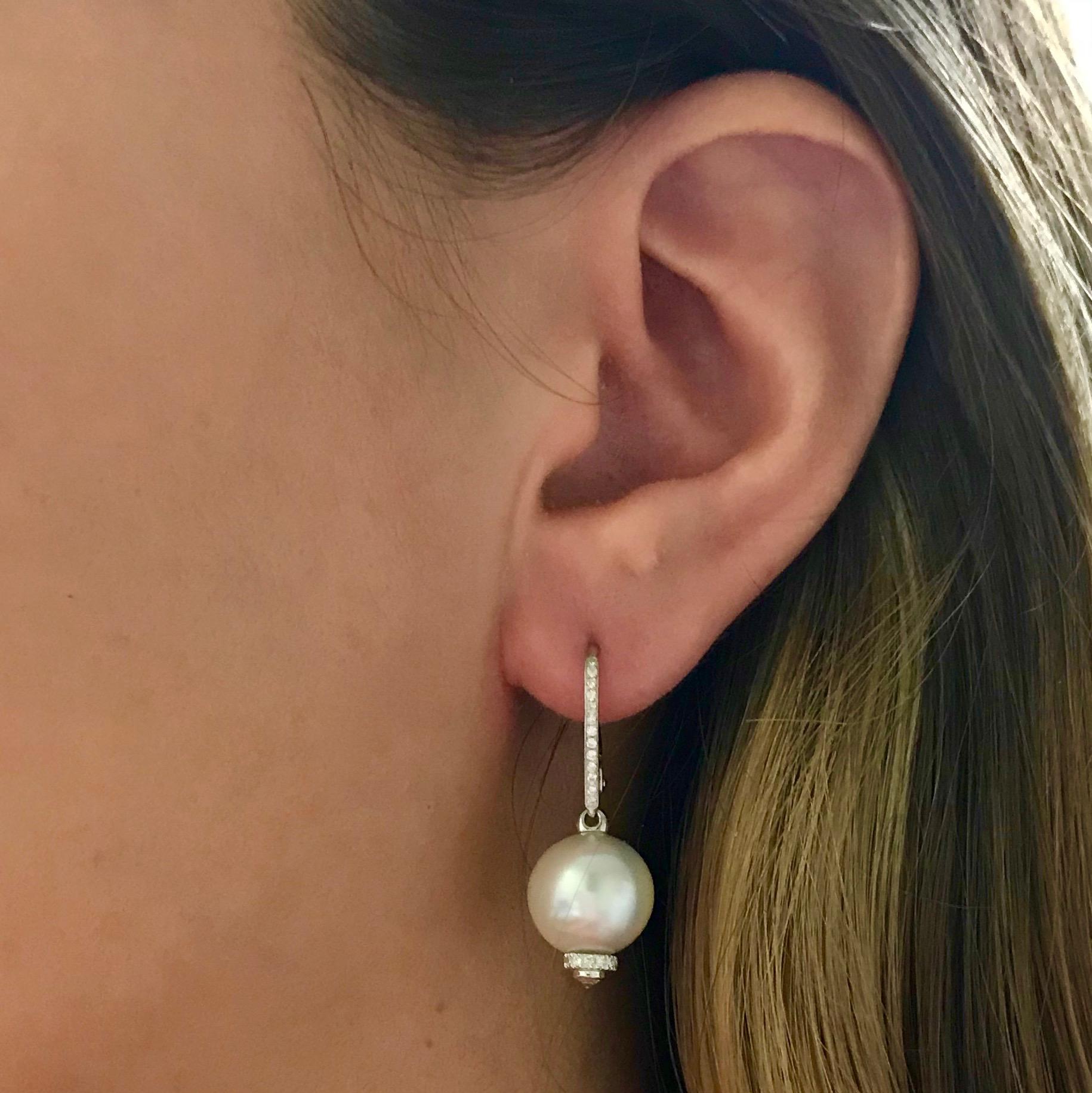 Women's Chandelier Earrings South Sea Pearls White Diamonds White Gold 18 Karat For Sale