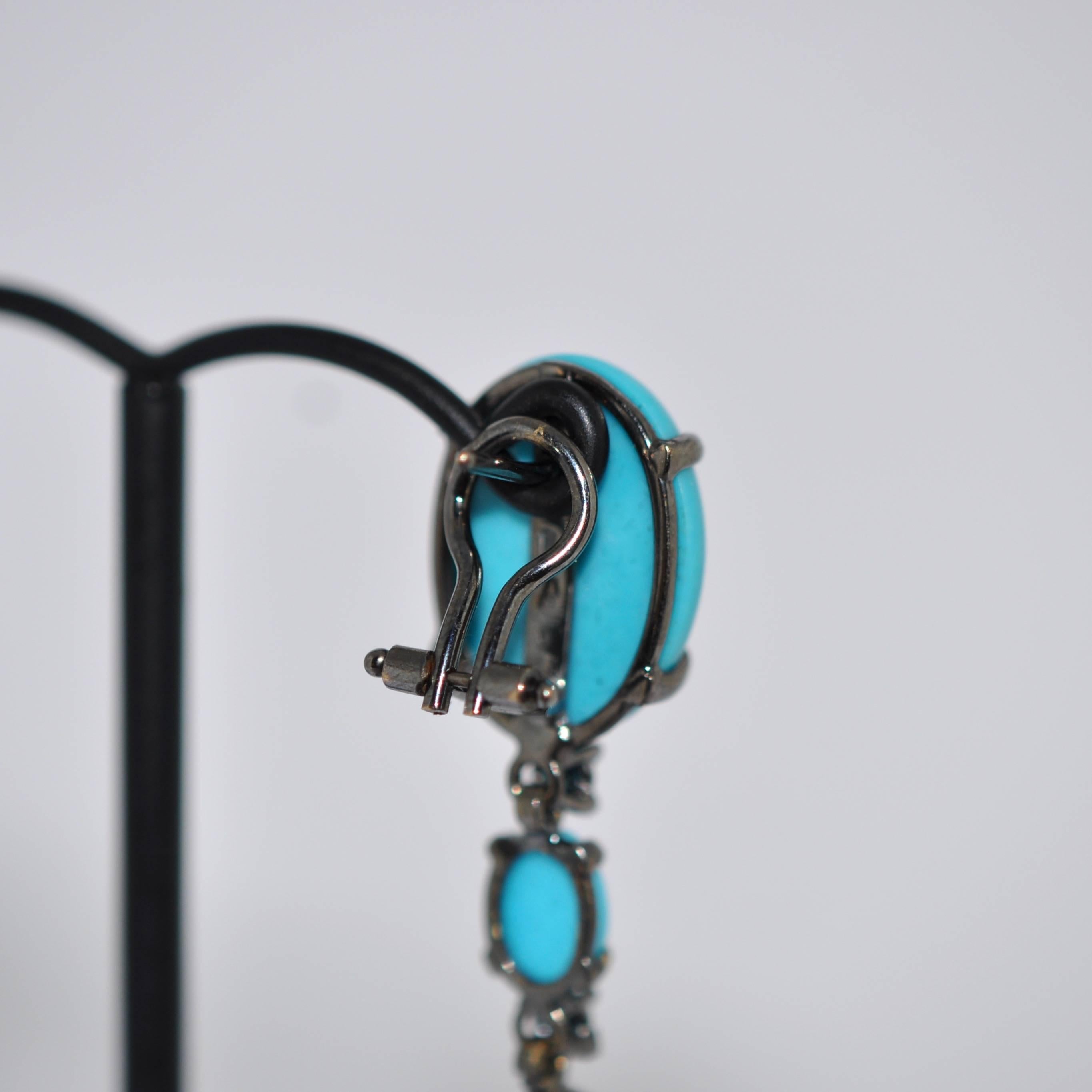 Chandelier Earrings Turquoises Blue Sapphires Black Gold 18 Karat In New Condition For Sale In Vannes, FR