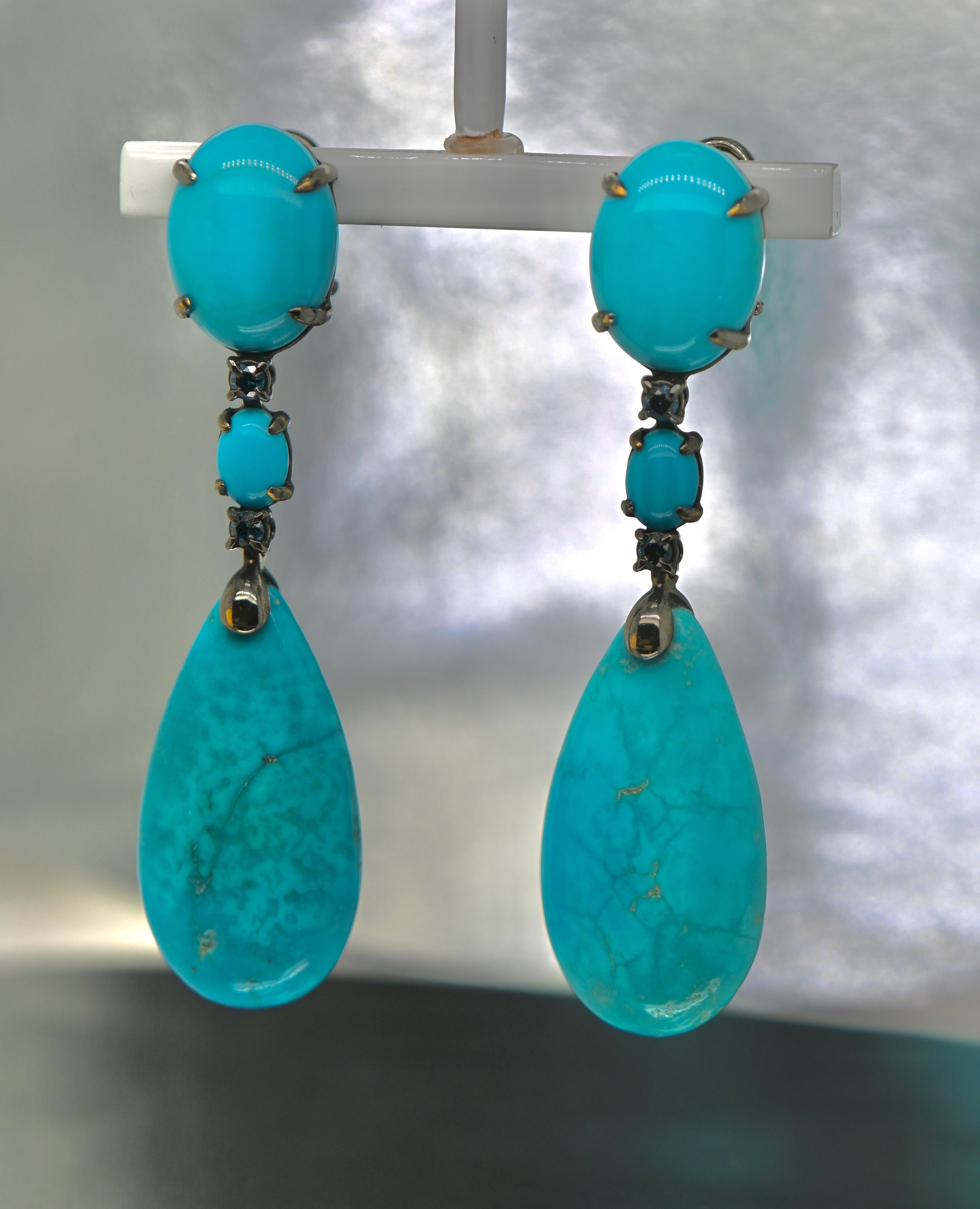 Women's Chandelier Earrings Turquoises Blue Sapphires Black Gold 18 Karat For Sale