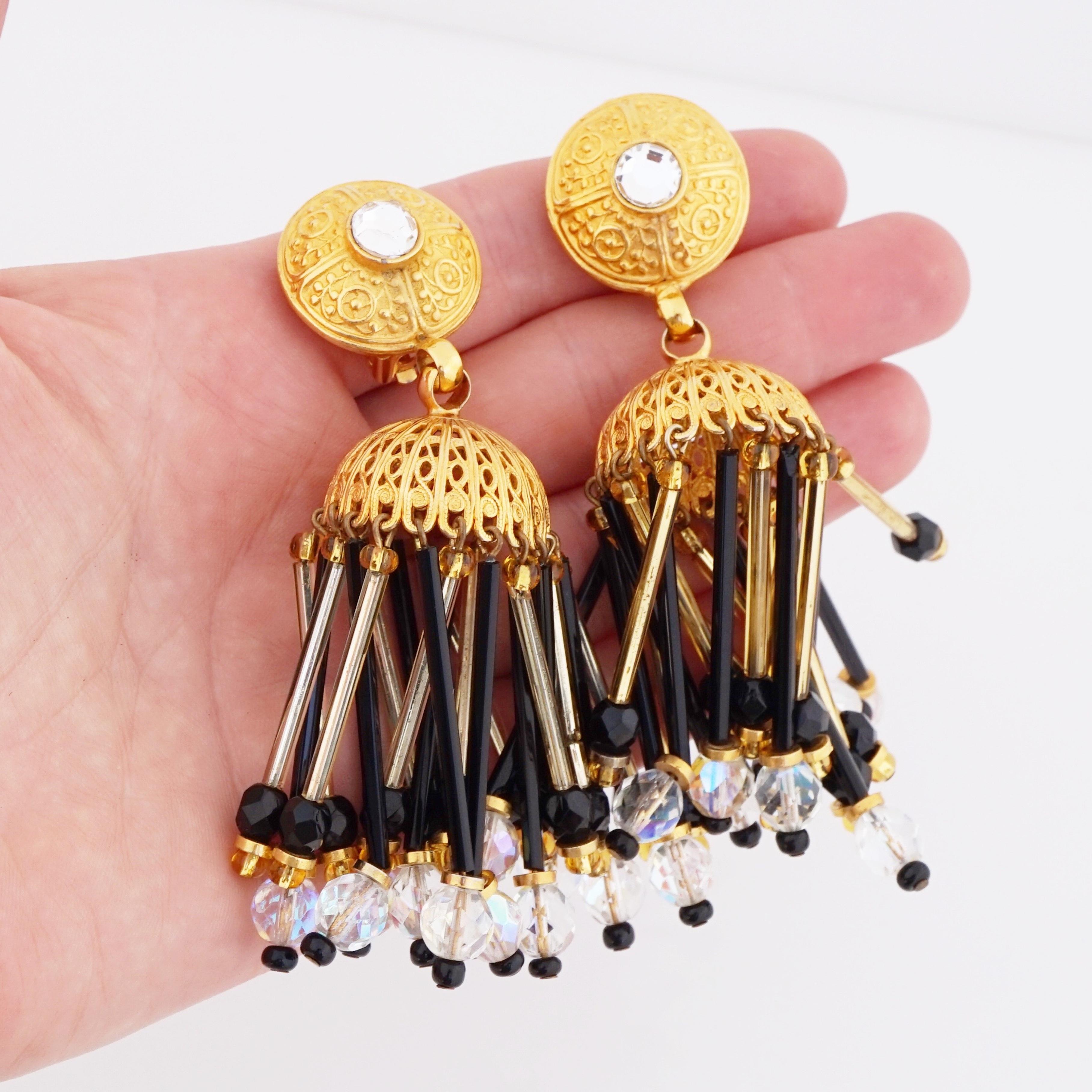 Modern Chandelier Earrings With Black & Aurora Borealis Crystals By Les Bernard, 1980s For Sale