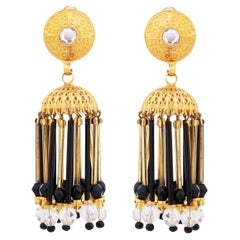 Chandelier Earrings With Black & Aurora Borealis Crystals By Les Bernard, 1980s