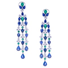 Chandelier Earrings with Blue Sapphires, Emeralds and Diamonds with White Gold