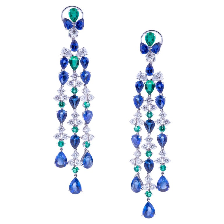 Chandelier Earrings with Blue Sapphires, Emeralds and Diamonds with ...