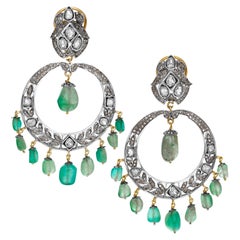 Vintage Chandelier Earrings with Chrysoprase Beads & over 5 Carats Rose Cut Diamonds