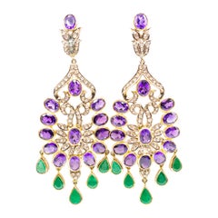 Chandelier Earrings with Diamonds', Amethyst, and Emeralds'