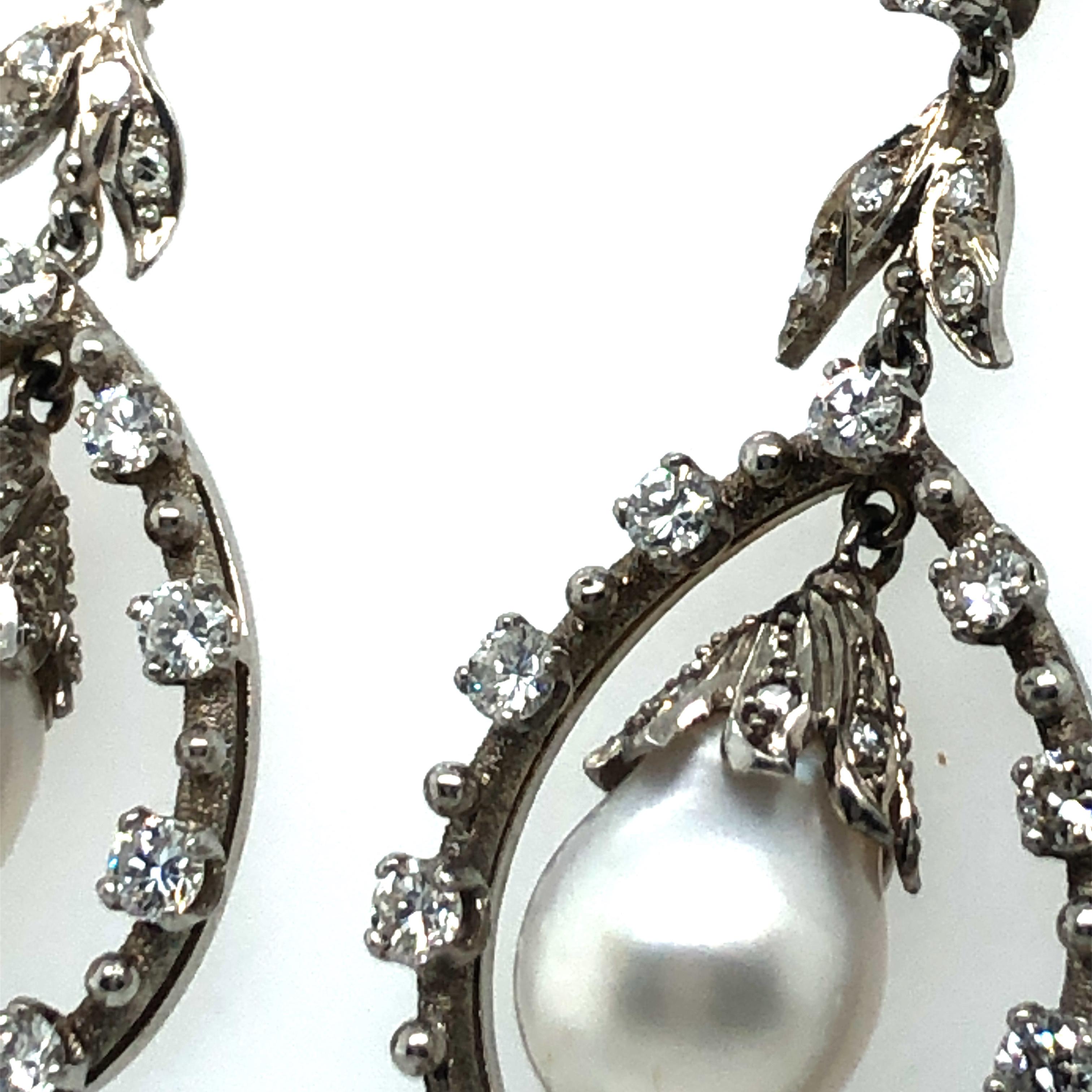 Women's or Men's Chandelier Earrings with Diamonds and Akoya Pearls in 18k White Gold