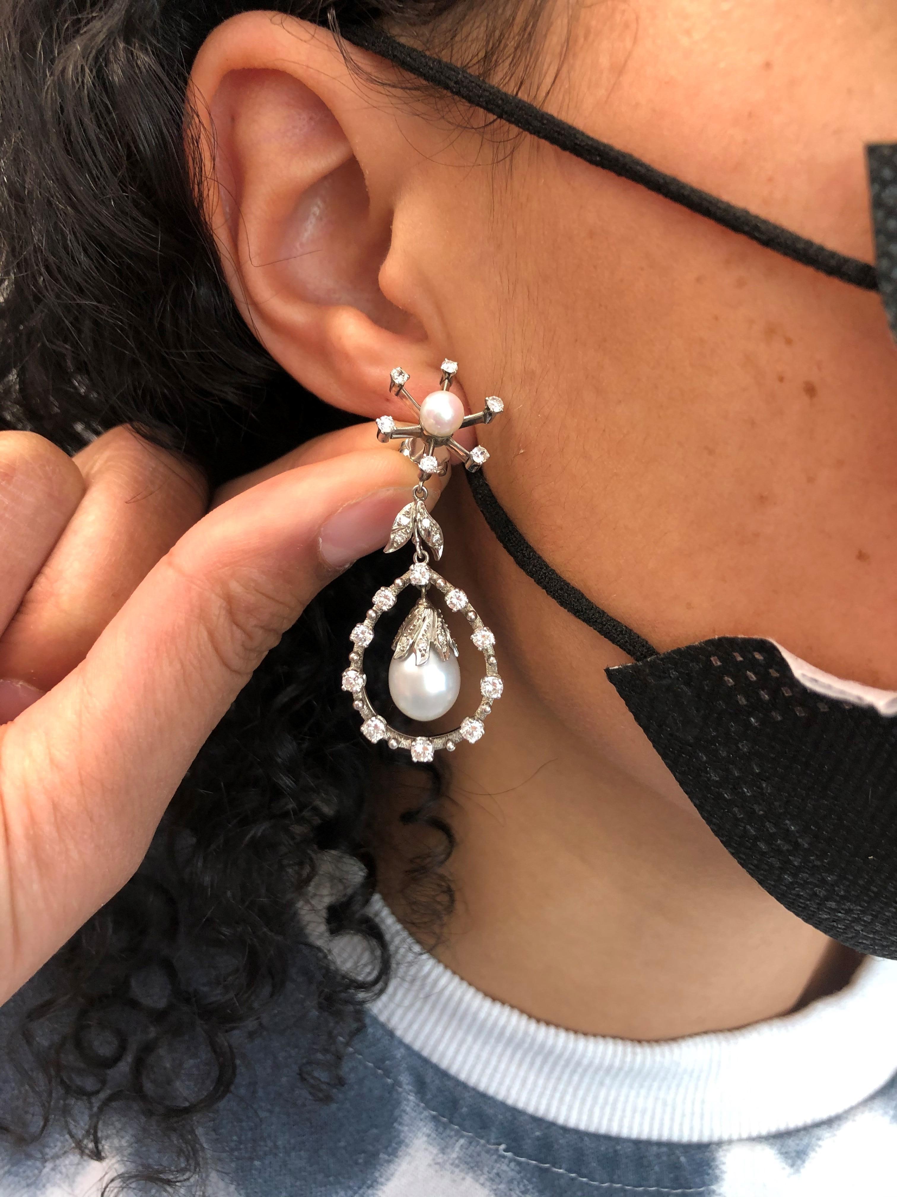 Chandelier Earrings with Diamonds and Akoya Pearls in 18k White Gold 1
