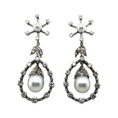 Chandelier Earrings with Diamonds and Akoya Pearls in 18k White Gold