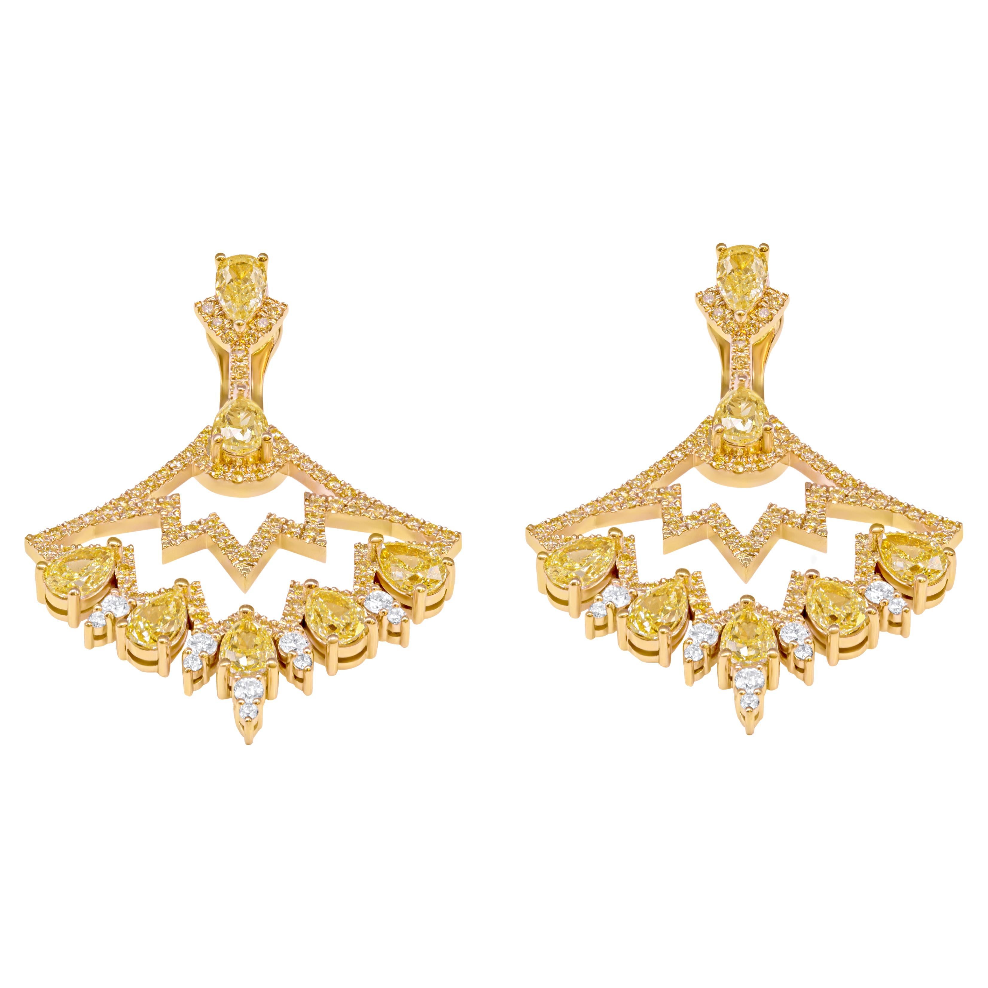 Introducing our exquisite collection of Chandelier Earrings crafted with precision in 18K Yellow Gold and 18K White Gold. These stunning earrings feature a total of 14 pear-shaped fancy yellow diamonds, each weighing 0.30 carats, culminating in a
