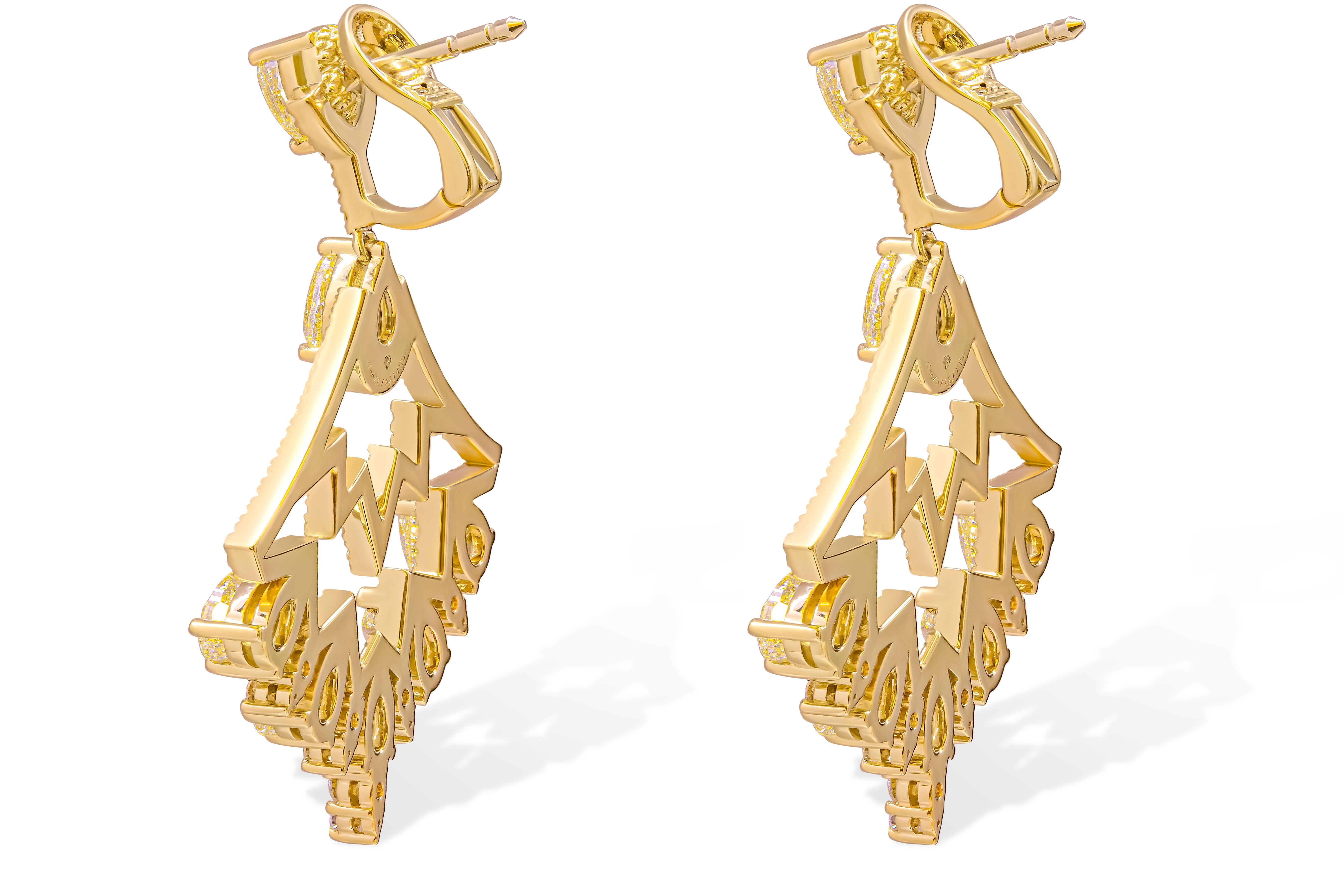 Modern Chandelier Earrings with Fancy Yellow Diamonds For Sale
