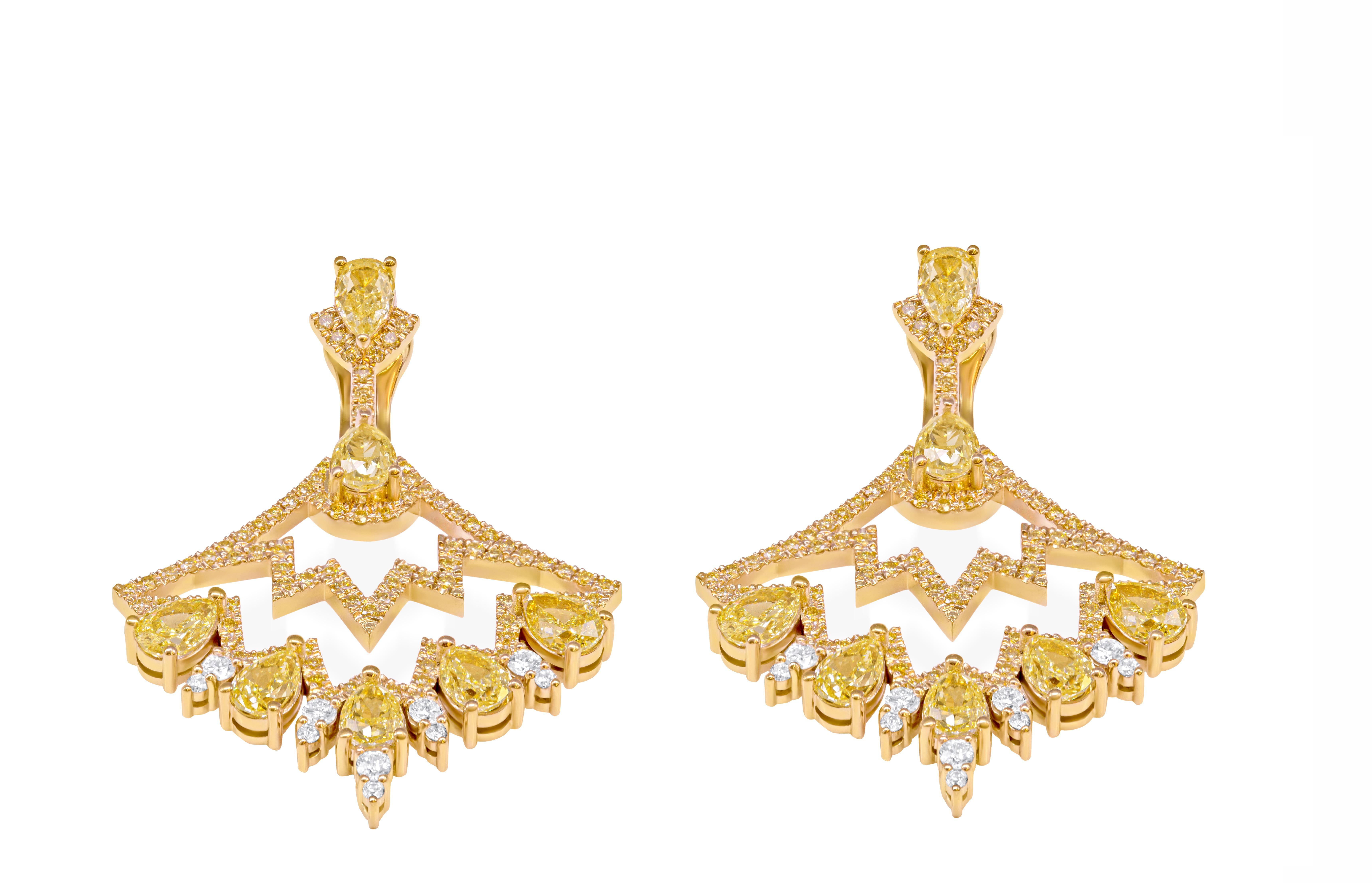 Pear Cut Chandelier Earrings with Fancy Yellow Diamonds For Sale