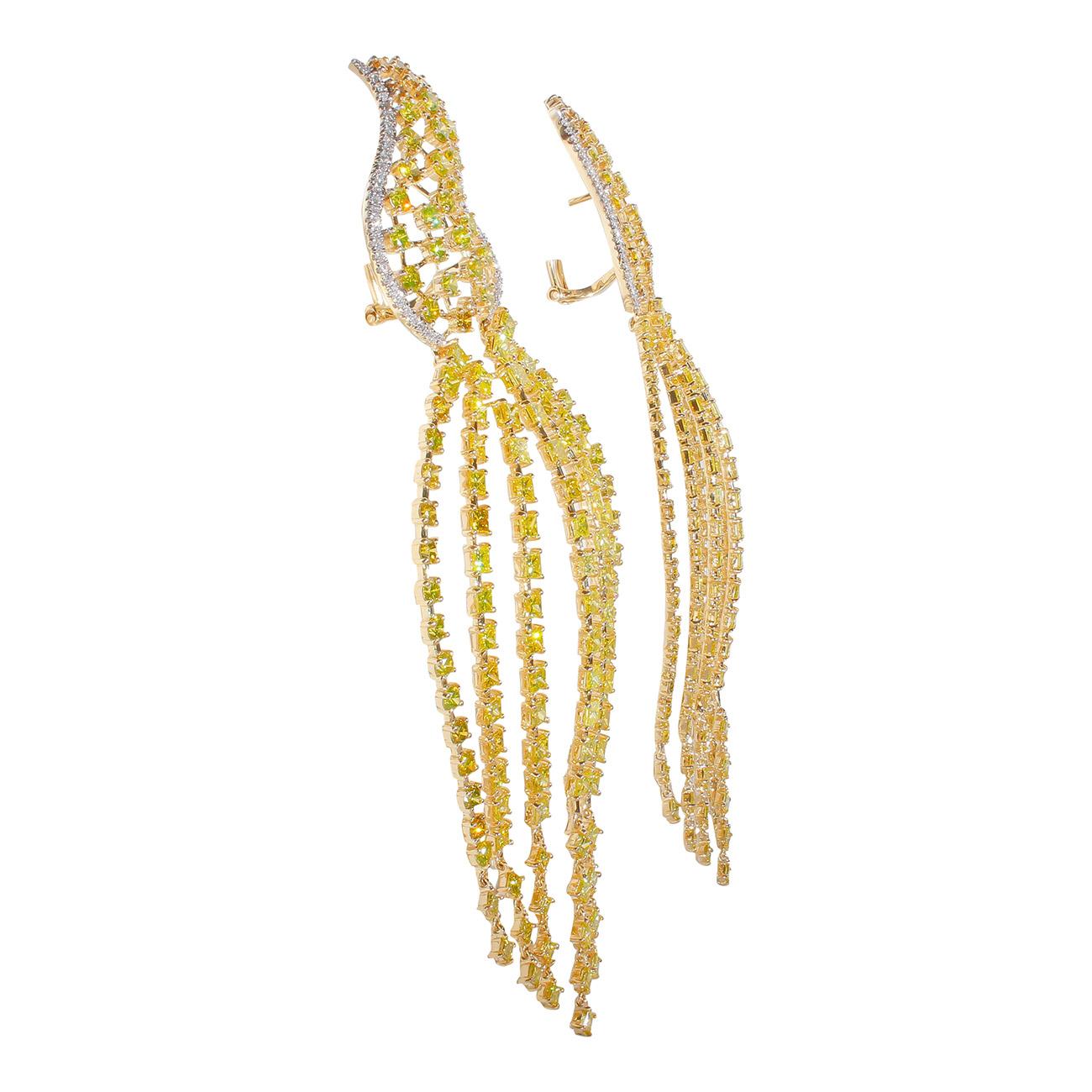 Women's Chandelier Earrings with Fancy Yellow Princess Cut Diamonds.  D20.24ct.t.w. For Sale