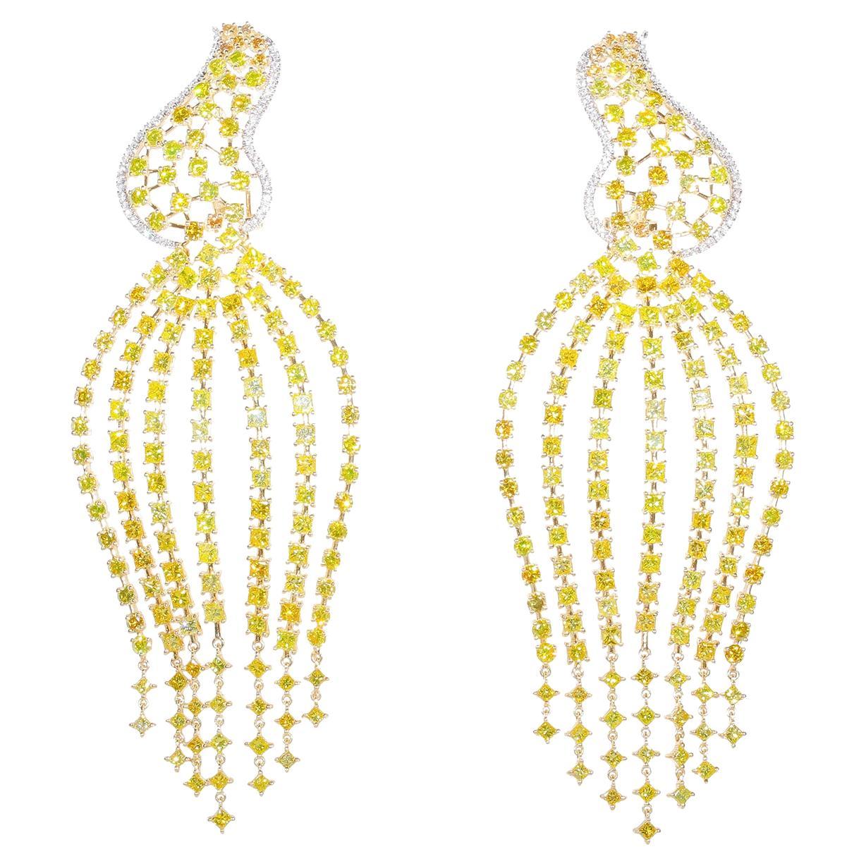 Chandelier Earrings with Fancy Yellow Princess Cut Diamonds.  D20.24ct.t.w. For Sale