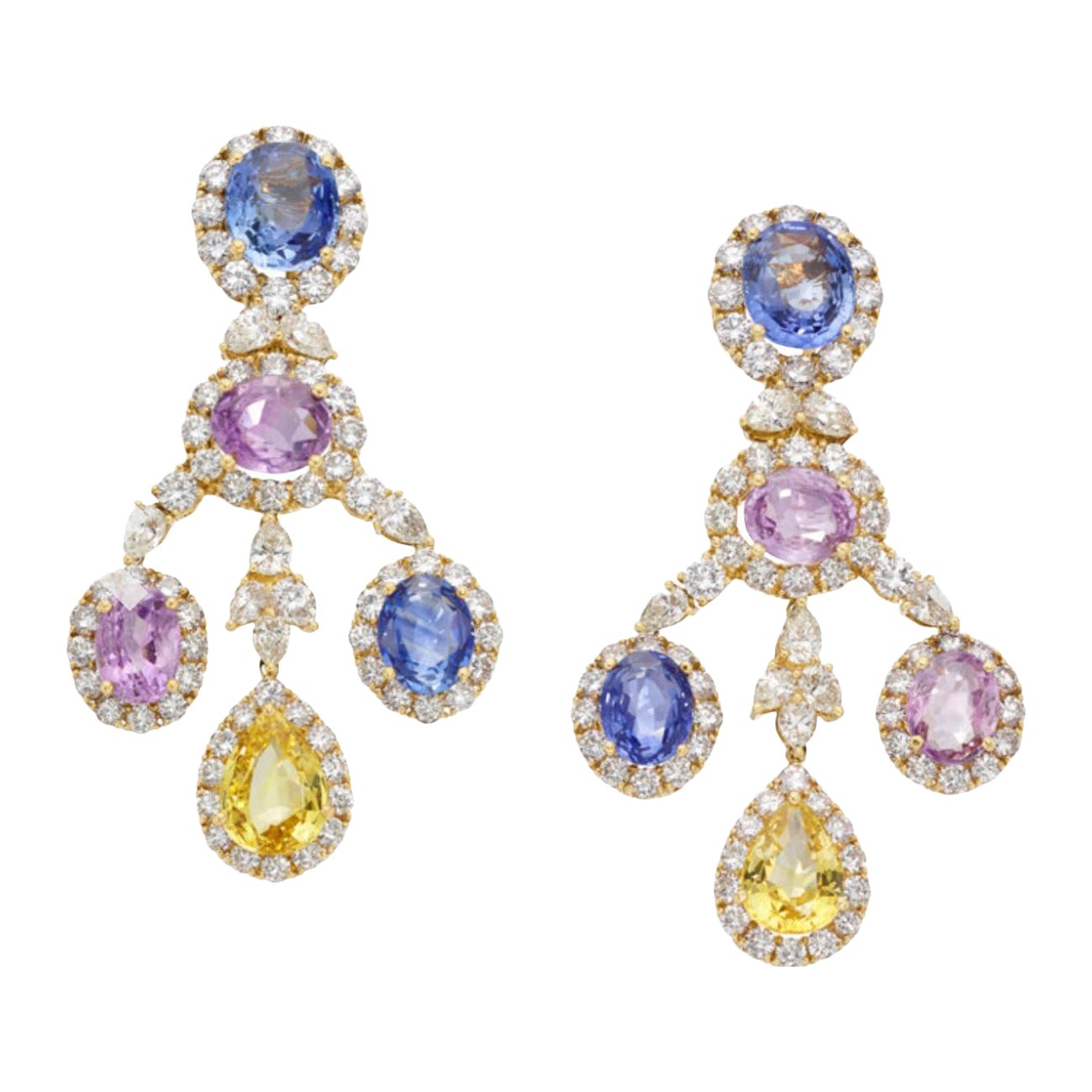 Chandelier Earrings With Natural No Heat Sapphires In Gold. For Sale