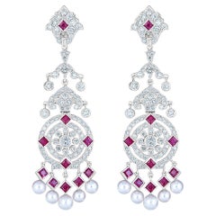 Chandelier Earrings with Square Cut Ruby, Pearl, and Diamond in 18K White Gold