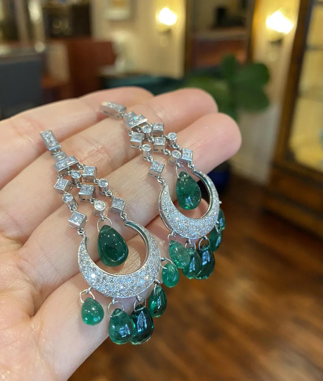 Briolette Cut Chandelier Emerald Briolettes & Diamond Drop Earrings in Platinum