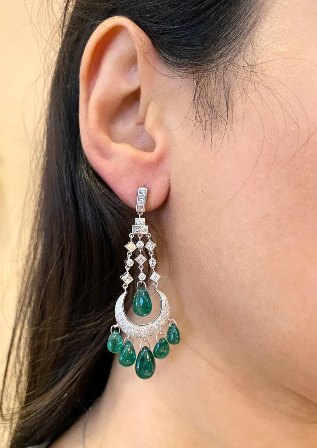Chandelier Emerald Briolettes & Diamond Drop Earrings in Platinum In Good Condition In La Jolla, CA