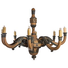 Chandelier Empire Period Carved Wood, Antique, Beige and Green, 1810