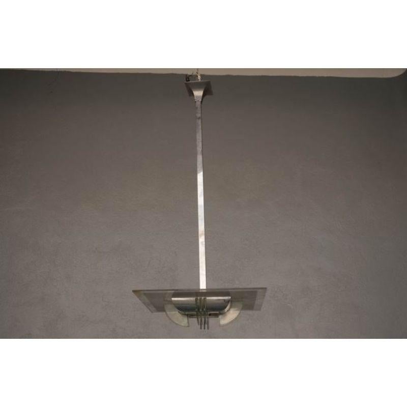 Acciaio inossidabile Lampadario in vetro inciso e cromo 1940 Roger Caillat per Soubrier in vendita