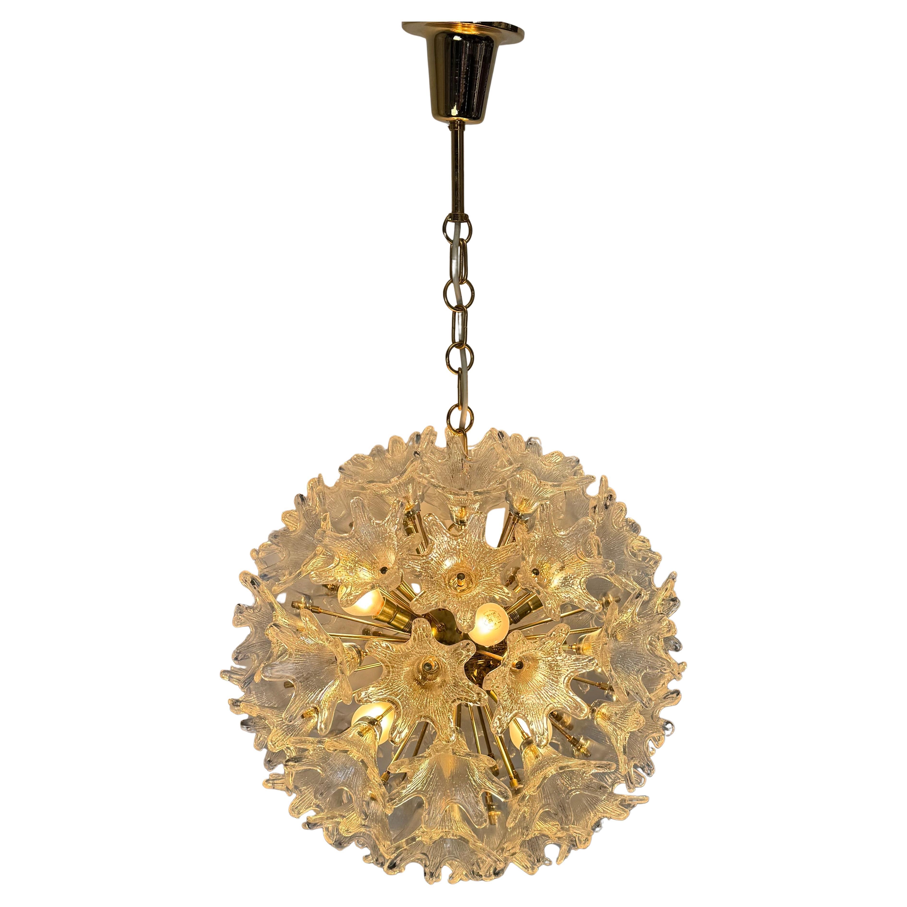 Lampadario "Esprit" in vetro soffiato a mano di Murano e ottone dorato, anni '70