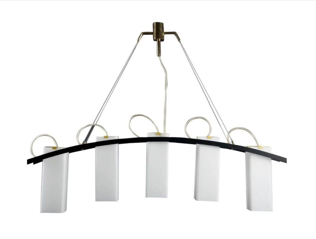 Black-painted curved brass frame, mounted with five suspended square shades of white opaline glass. Arredoluce model number 12701.

 