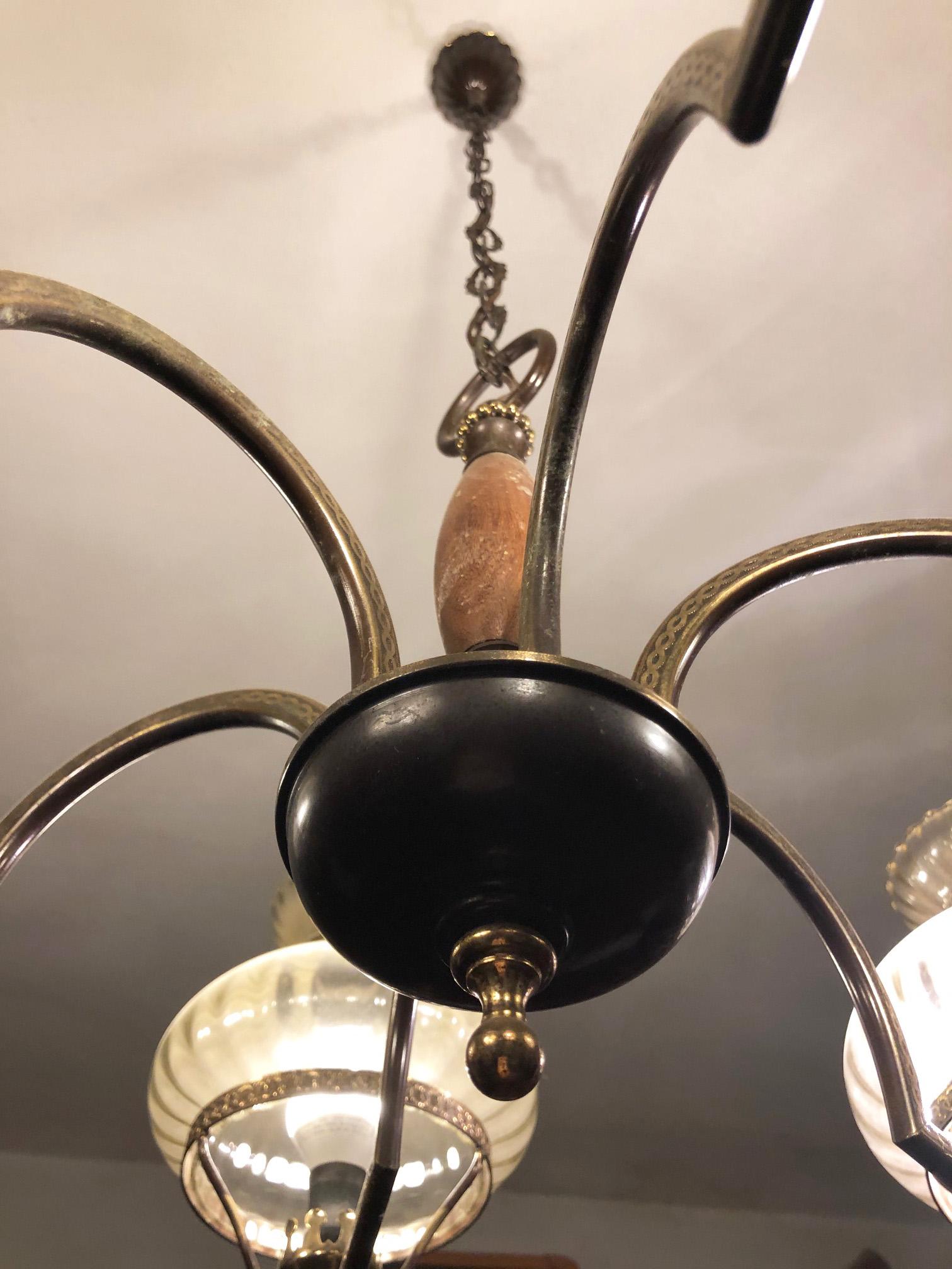 Mid-Century Modern Chandelier from the 1960s Six Lights Wood Metal Glass Italian For Sale