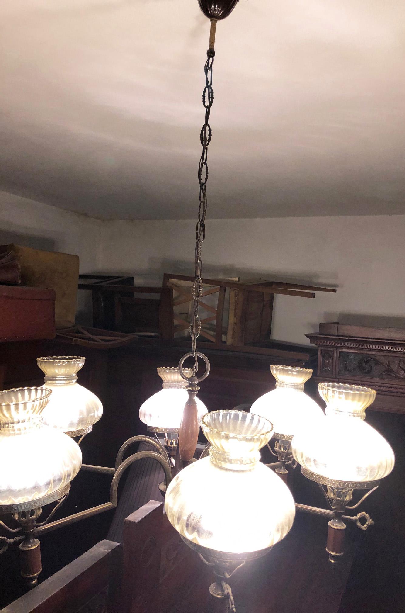 Chandelier from the 1960s Six Lights Wood Metal Glass Italian For Sale 1