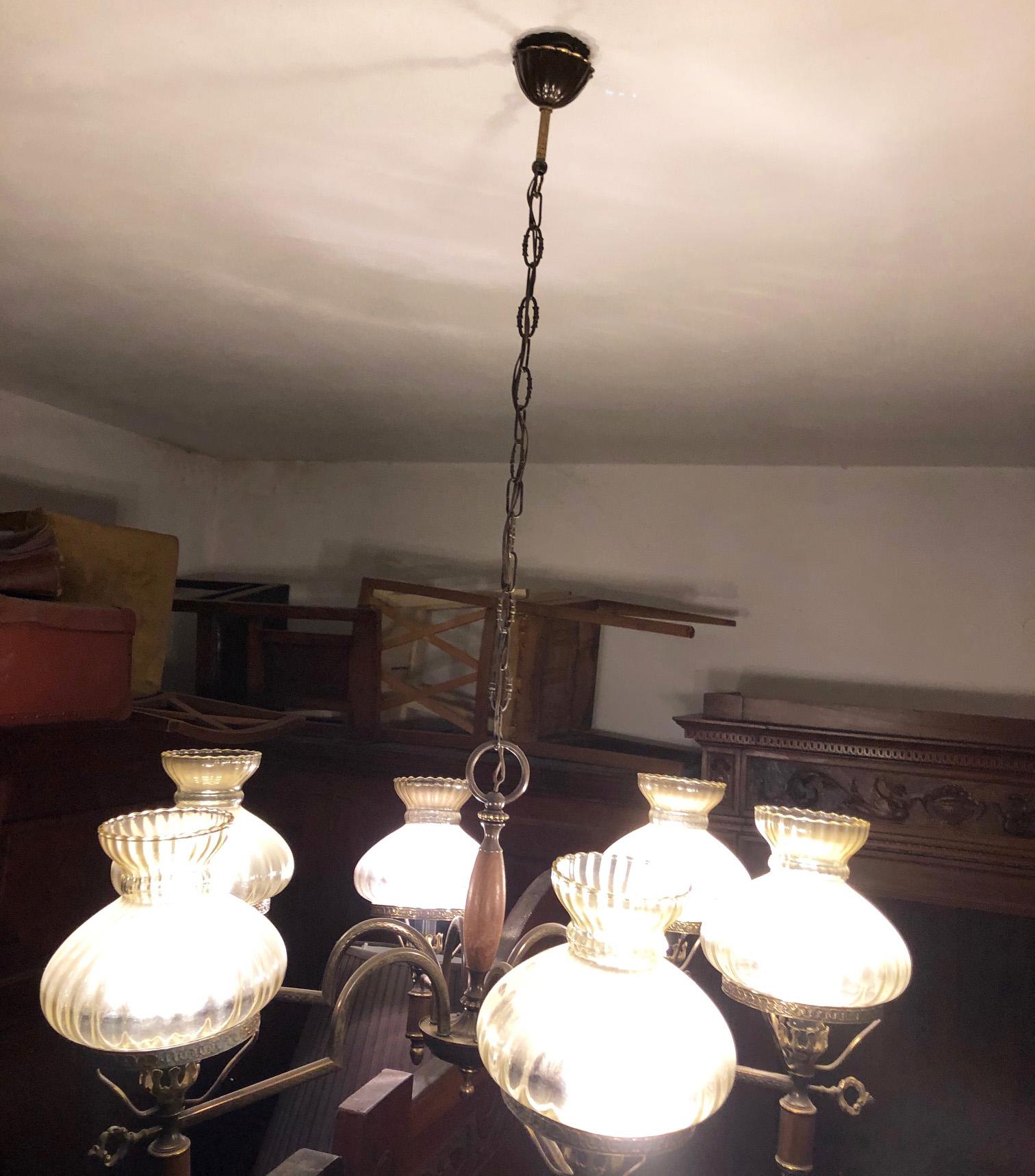 Chandelier from the 1960s Six Lights Wood Metal Glass Italian For Sale 2