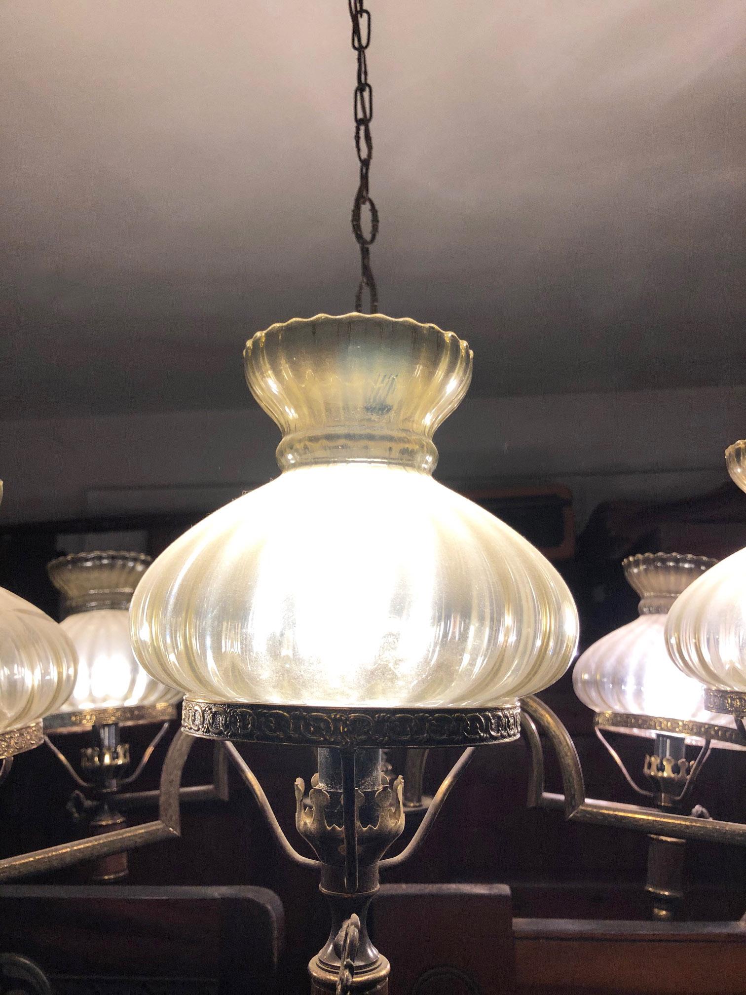 Chandelier from the 1960s Six Lights Wood Metal Glass Italian For Sale 4