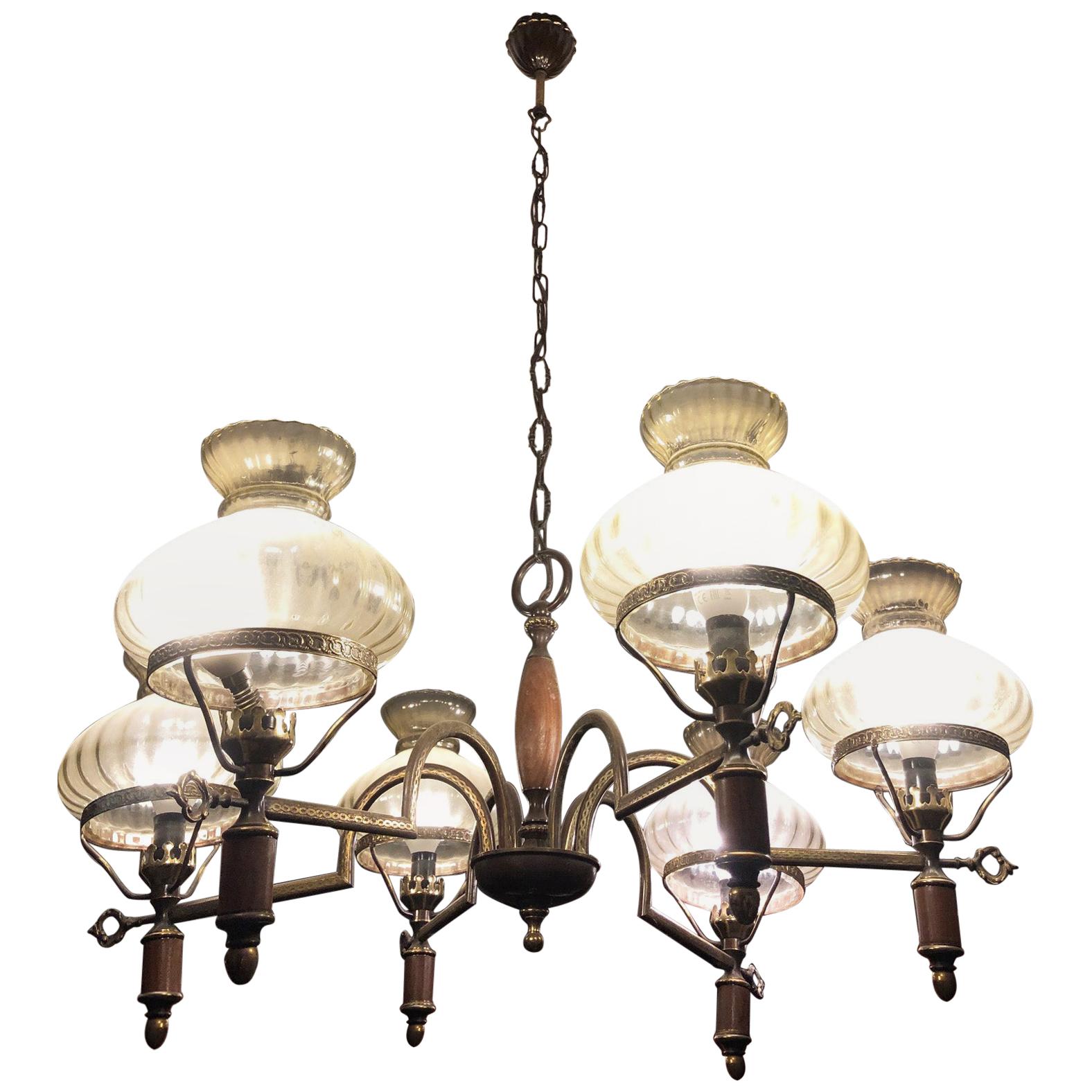 Chandelier from the 1960s Six Lights Wood Metal Glass Italian For Sale