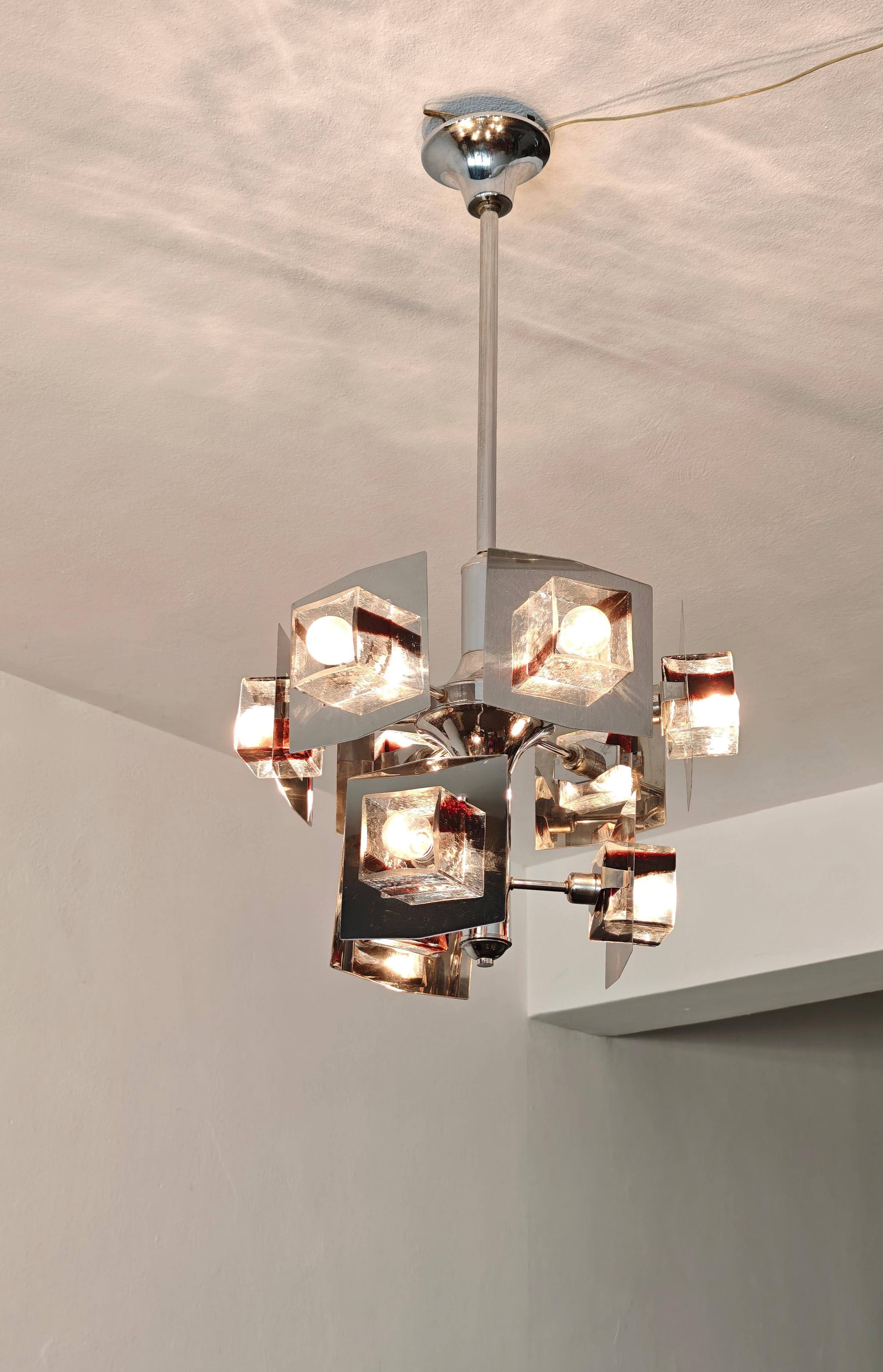 Kronleuchter Gaetano Sciolari Chrom und Glas Italienisches Design der Jahrhundertmitte 1960/70er Jahre im Angebot 7