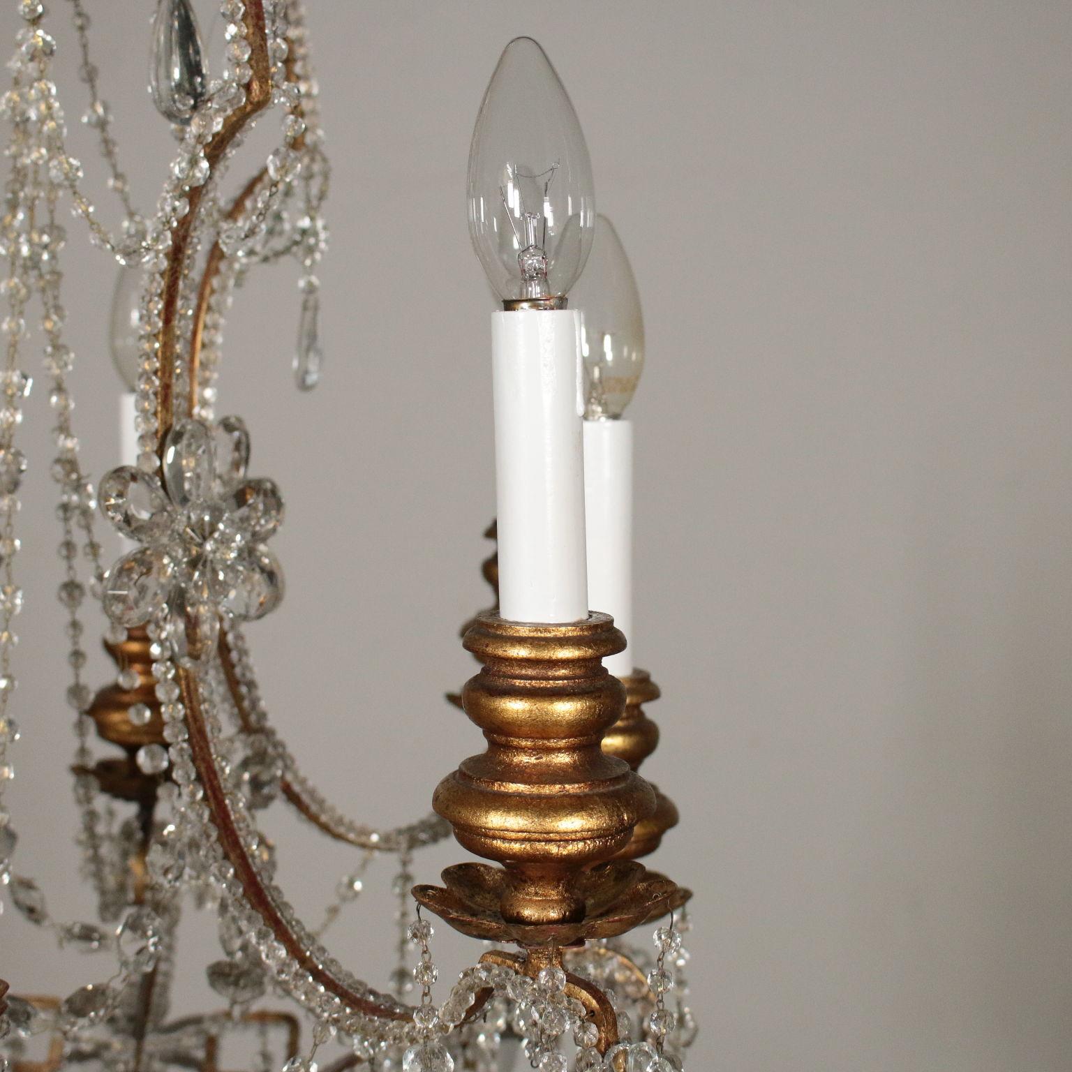 Giltwood Chandelier Gilded Wood Glass, Italy, 20th Century