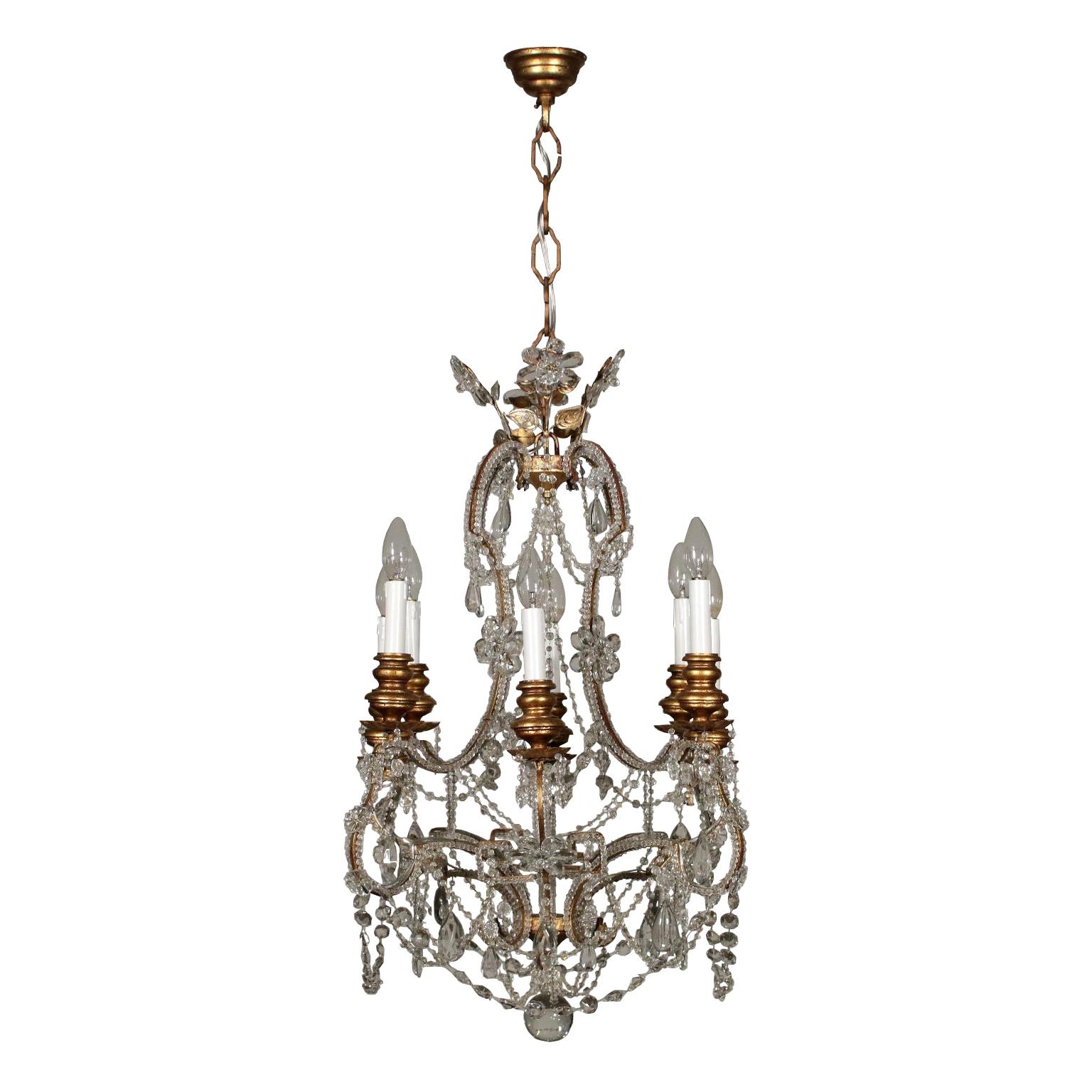 Chandelier Gilded Wood Glass, Italy, 20th Century