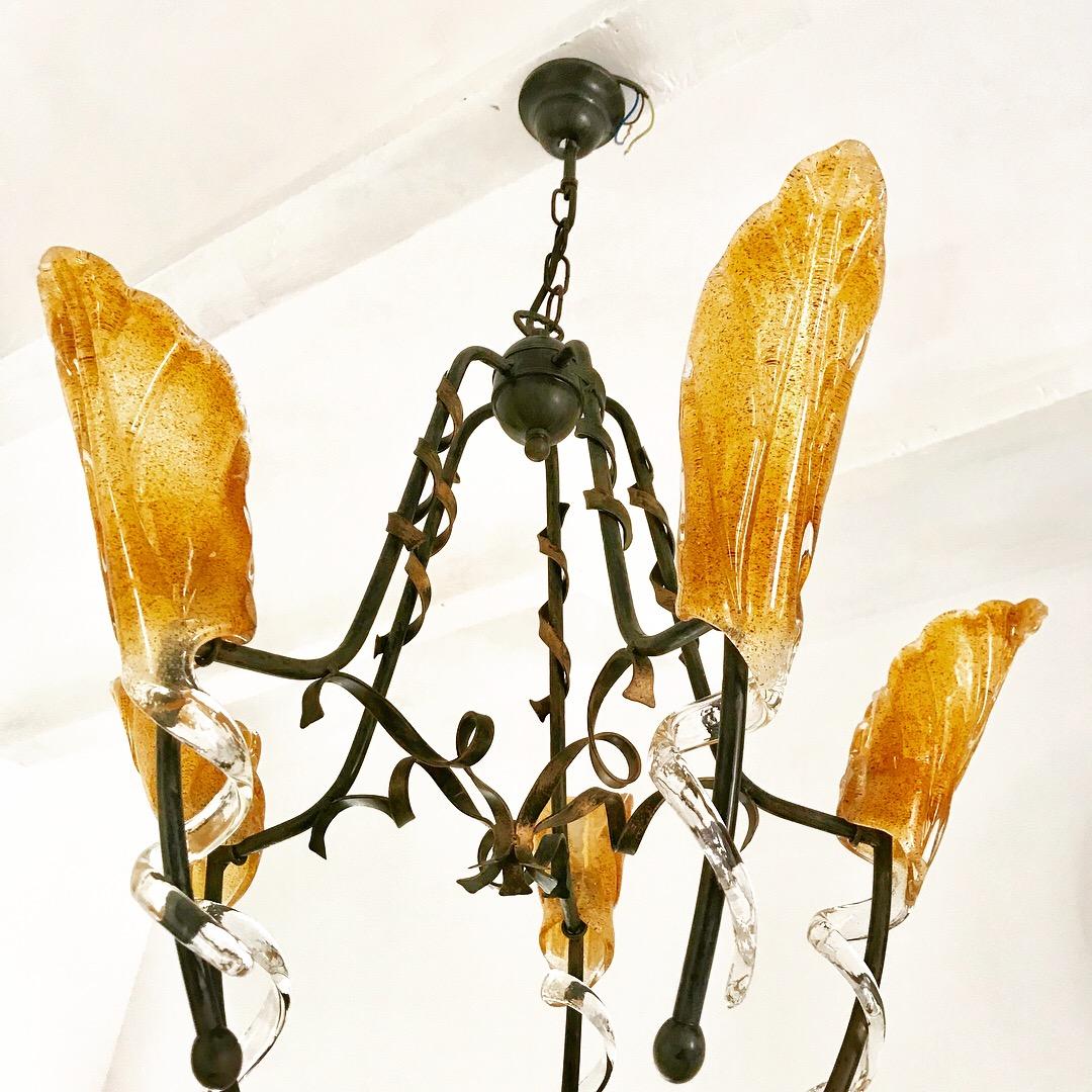 Chandelier Glass Gold Murano Black Metal Structure , Italy, 1980s In Good Condition For Sale In DÉNIA, ES