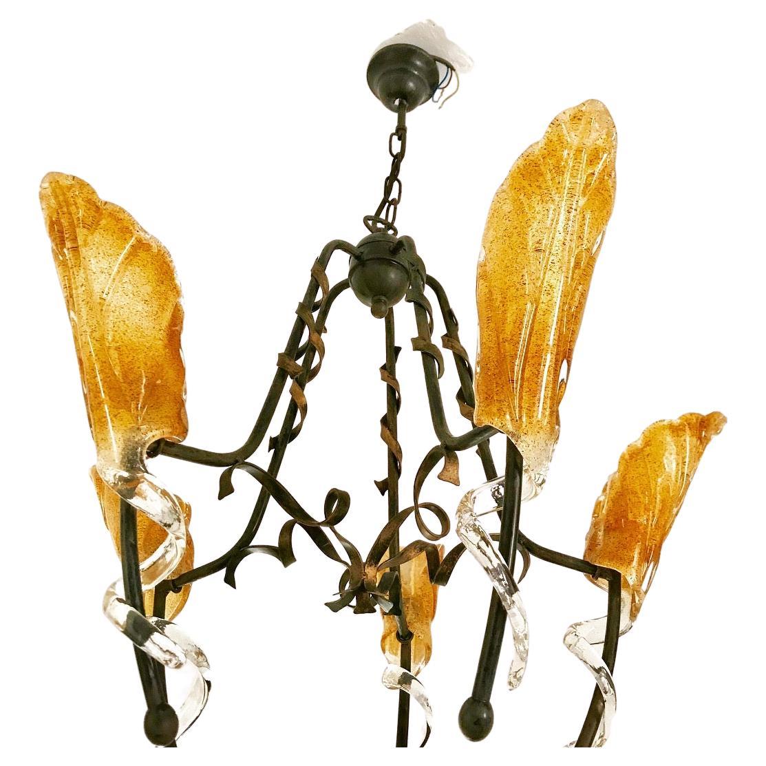 Chandelier Glass Gold Murano Black Metal Structure , Italy, 1980s