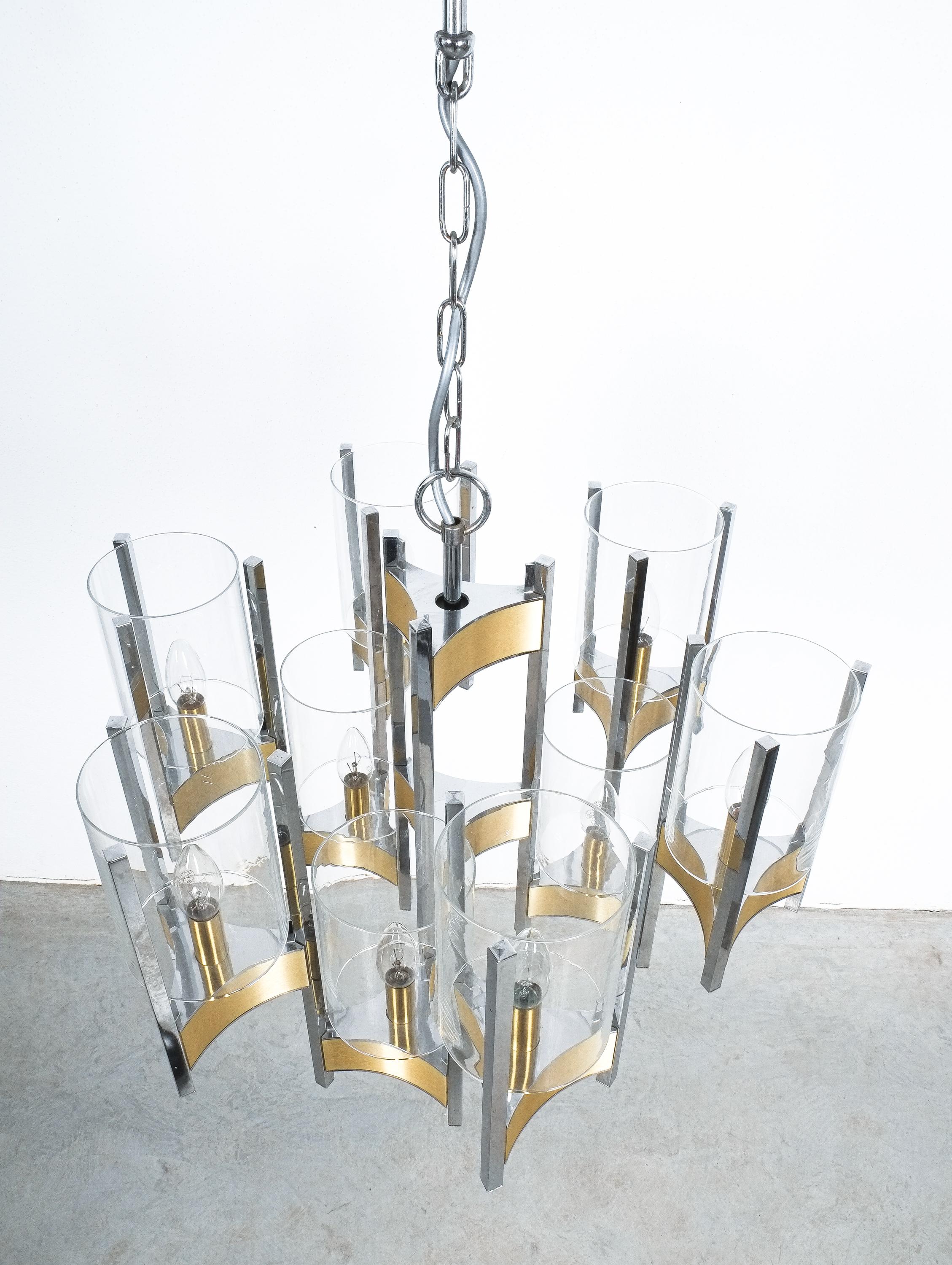 Chandelier Glass Nickel Brass by Gaetano Sciolari, Italy Mid Century In Good Condition For Sale In Vienna, AT