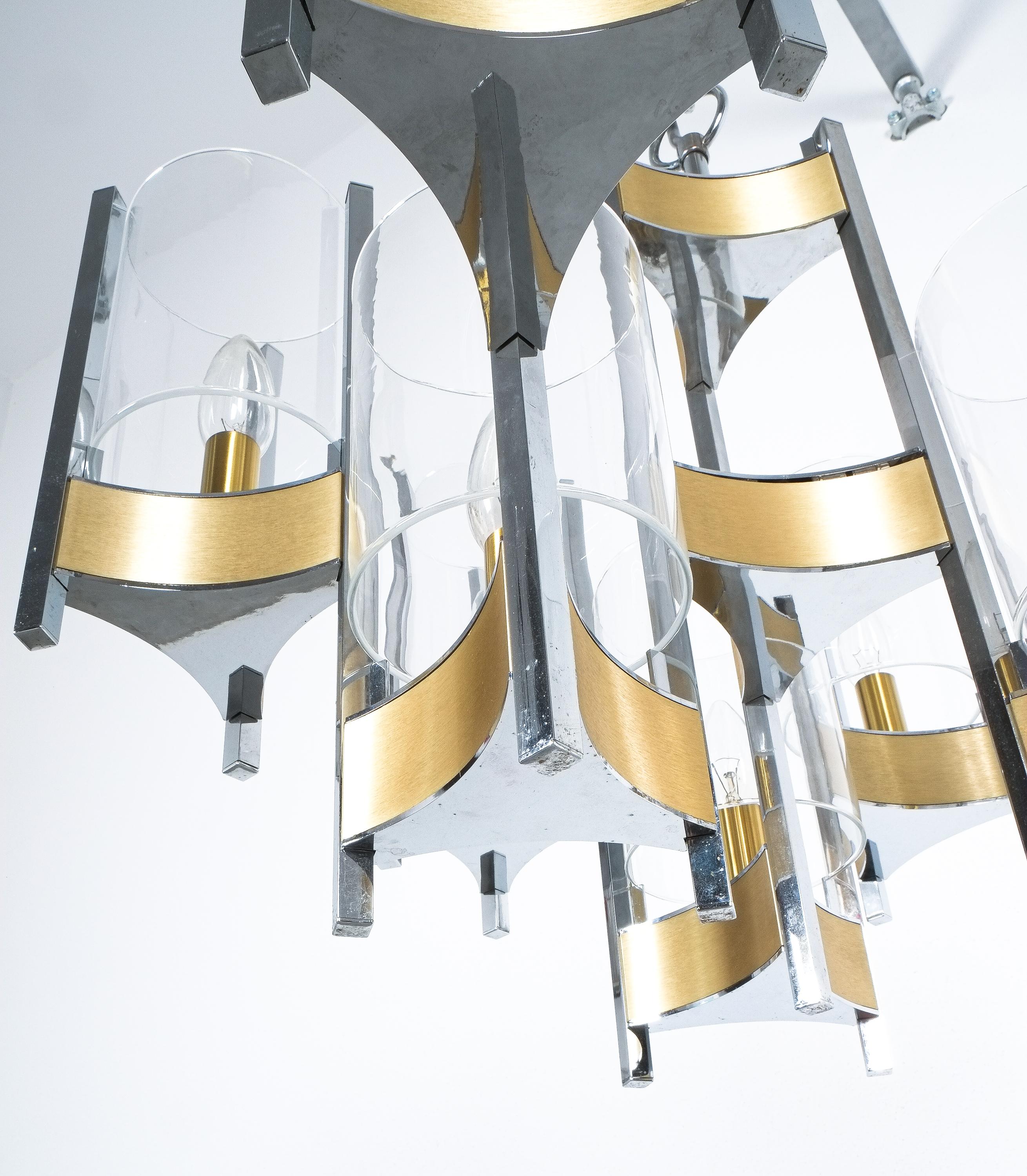 Chandelier Glass Nickel Brass by Gaetano Sciolari, Italy Mid Century For Sale 1