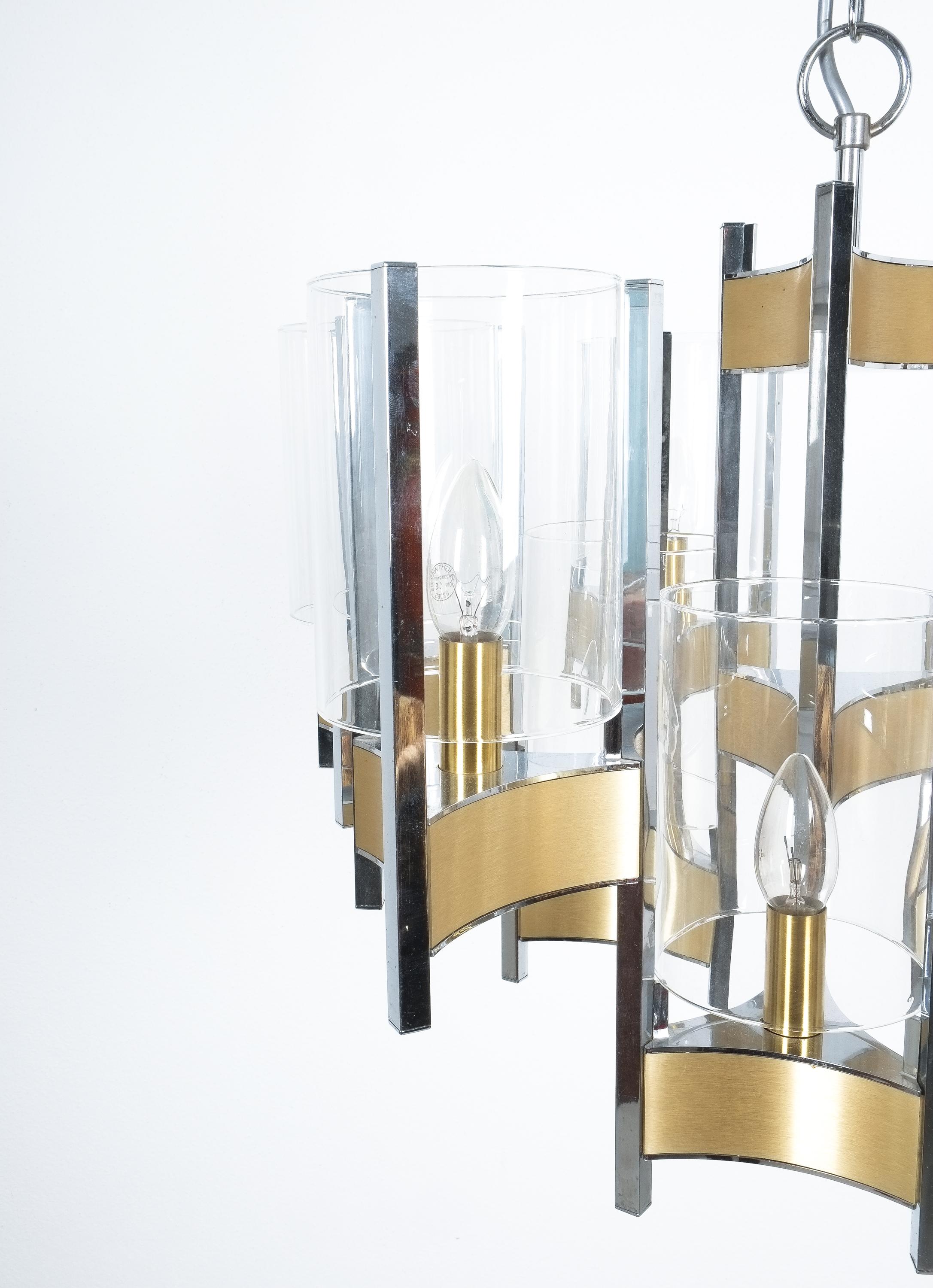 Chandelier Glass Nickel Brass by Gaetano Sciolari, Italy Mid Century For Sale 3